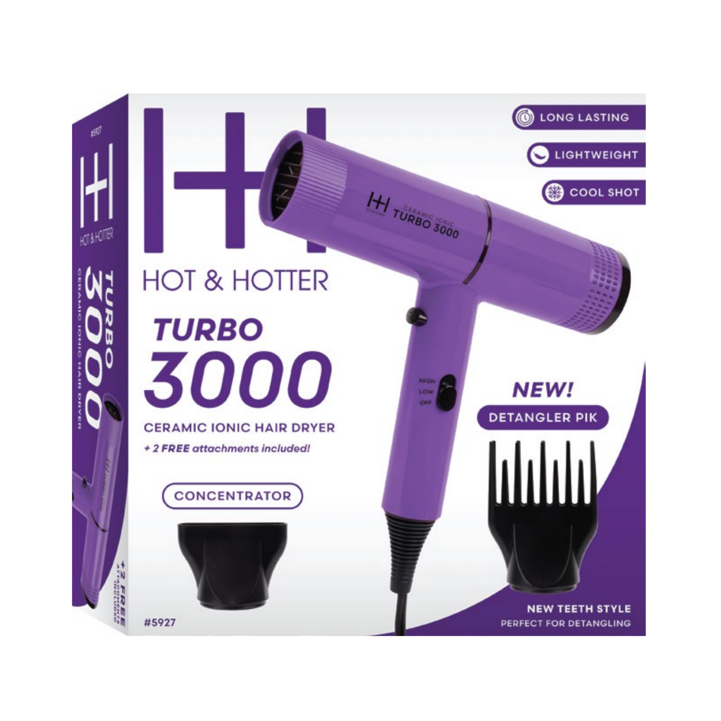 Purple hair dryer with packaging on a white background