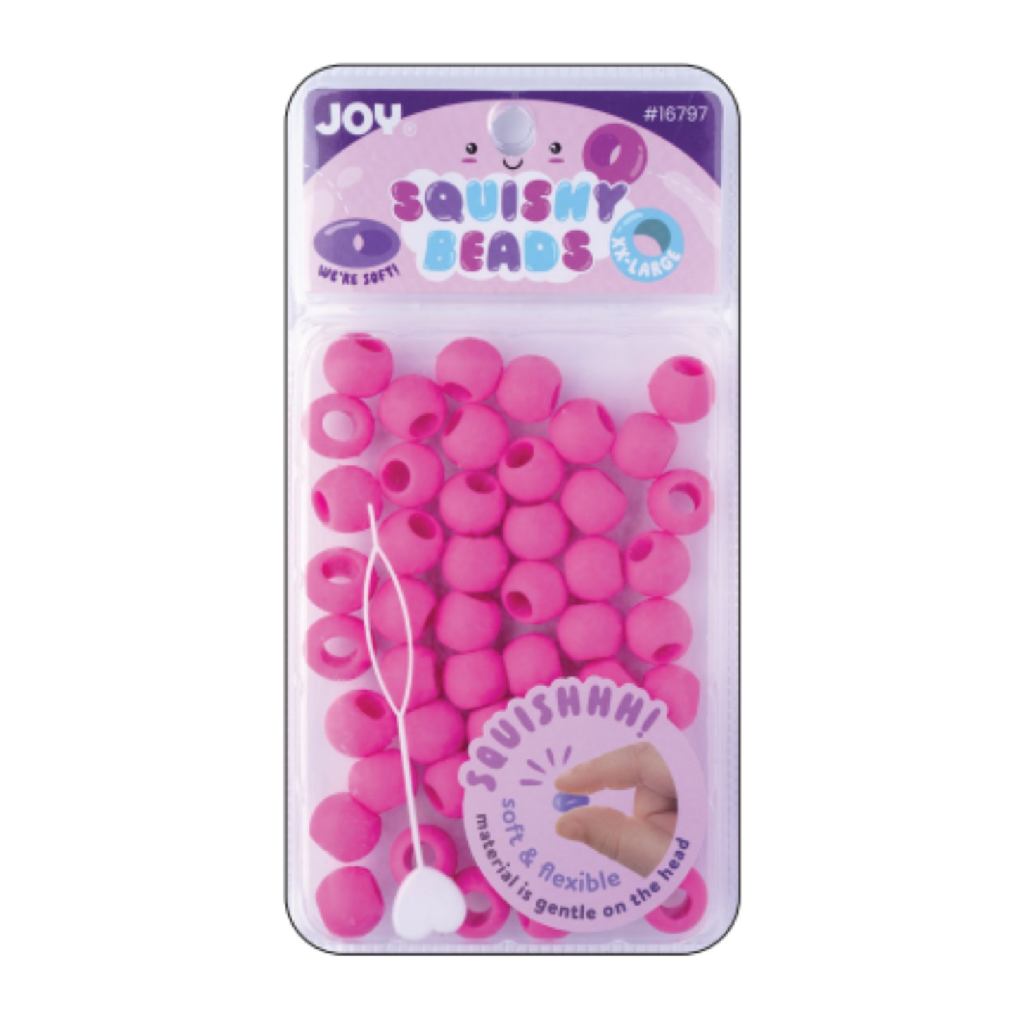 Joy Round Squishy Beads XXL size in magenta, soft and flexible beads with threading tool for crafting or sensory play.