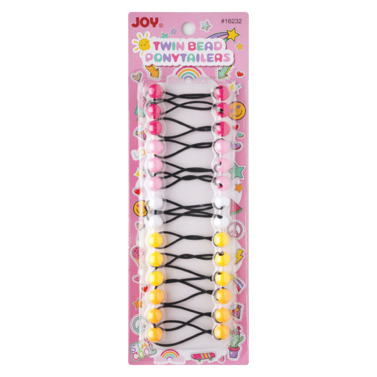 Joy Twin Bead Ponytailers 12mm, 14 Count, Assorted Color with colorful beads on black elastic bands.