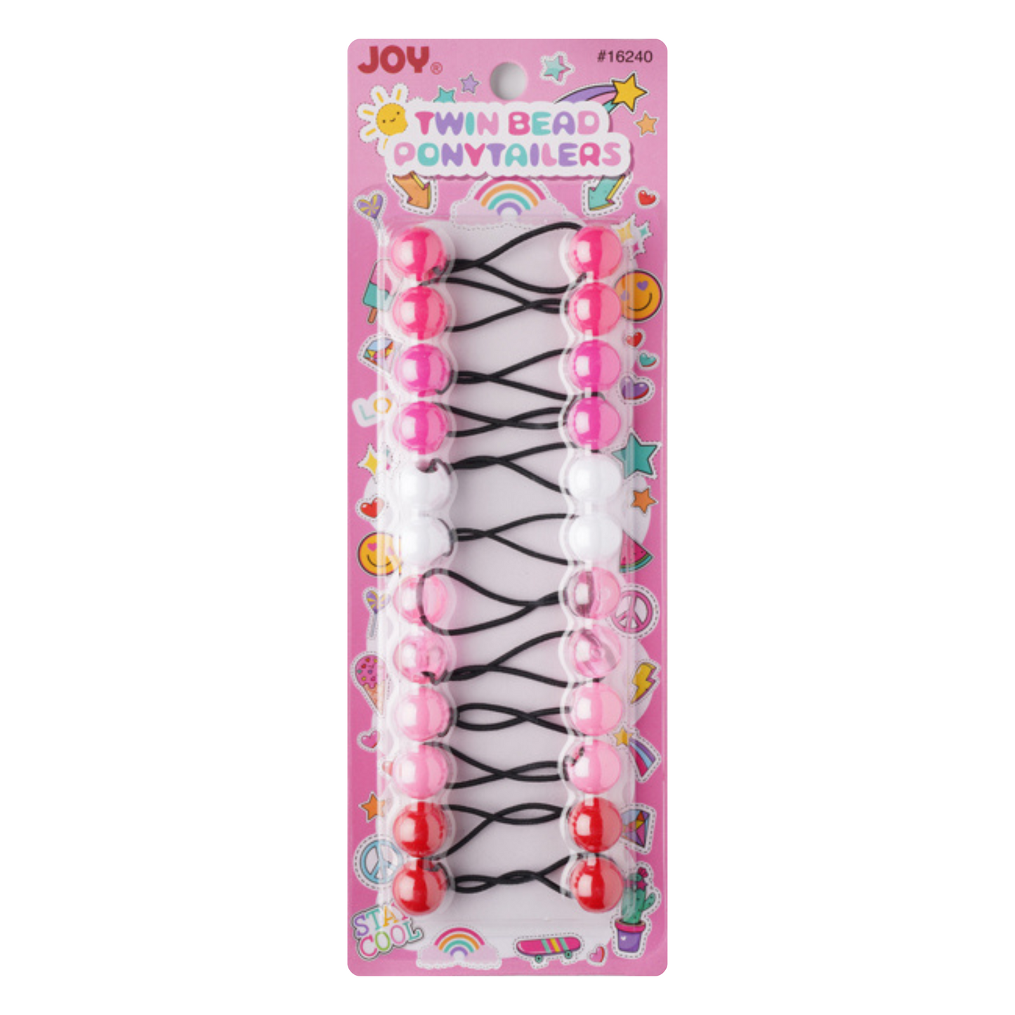 Joy Twin Beads Ponytailer 16mm 12 Count assorted colors pink red white hair ties for kids.