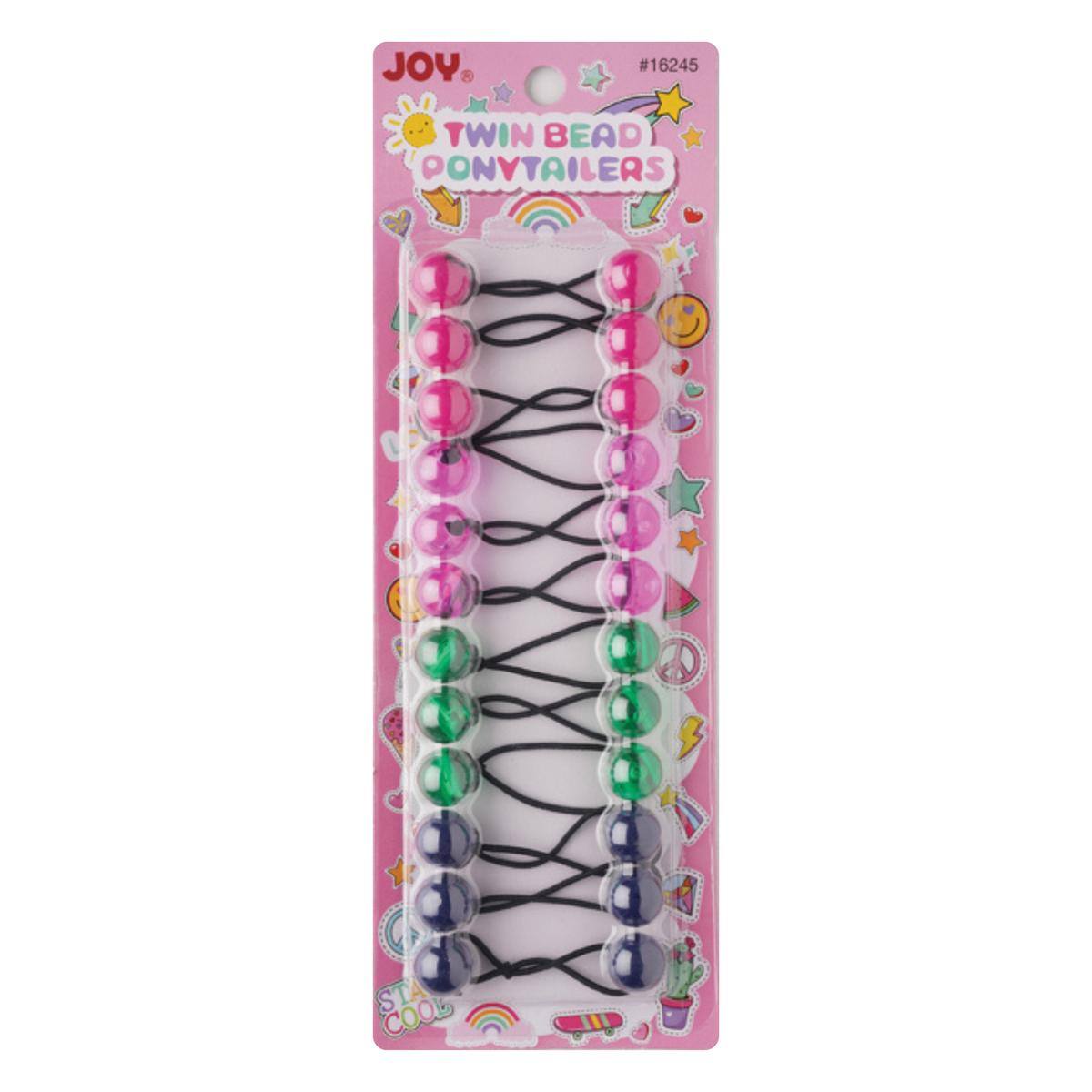 Joy Twin beads Ponytailer 16mm 12 Count Assorted Color with pink green and navy bead hair ties for kids