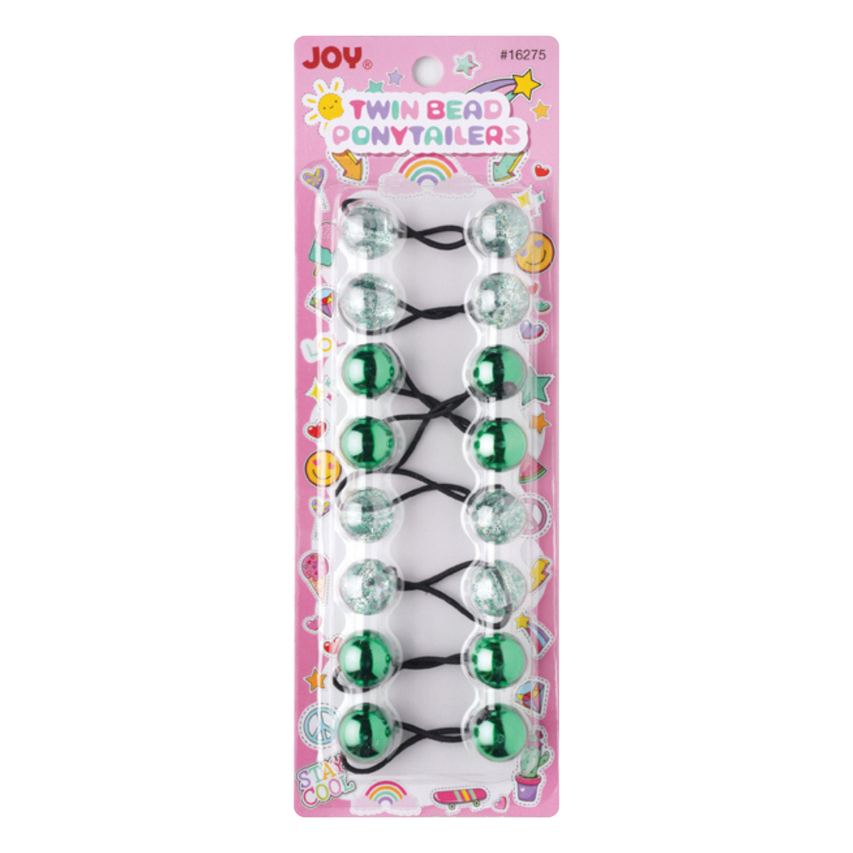 Joy Twin Beads Ponytailers 20mm 8 Count Assorted Green hair ties with large beads for kids no snags or pinching