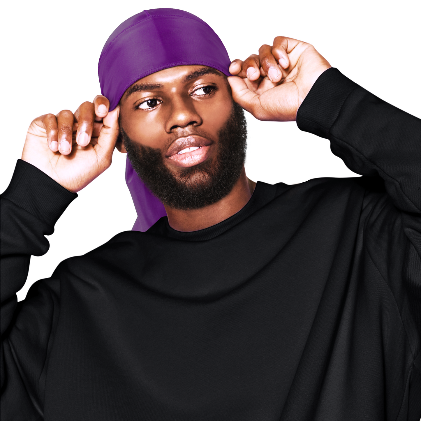 Man wearing vibrant purple Mr. Durag Wave Maxx silky satin durag with long tail and black sweatshirt on white background