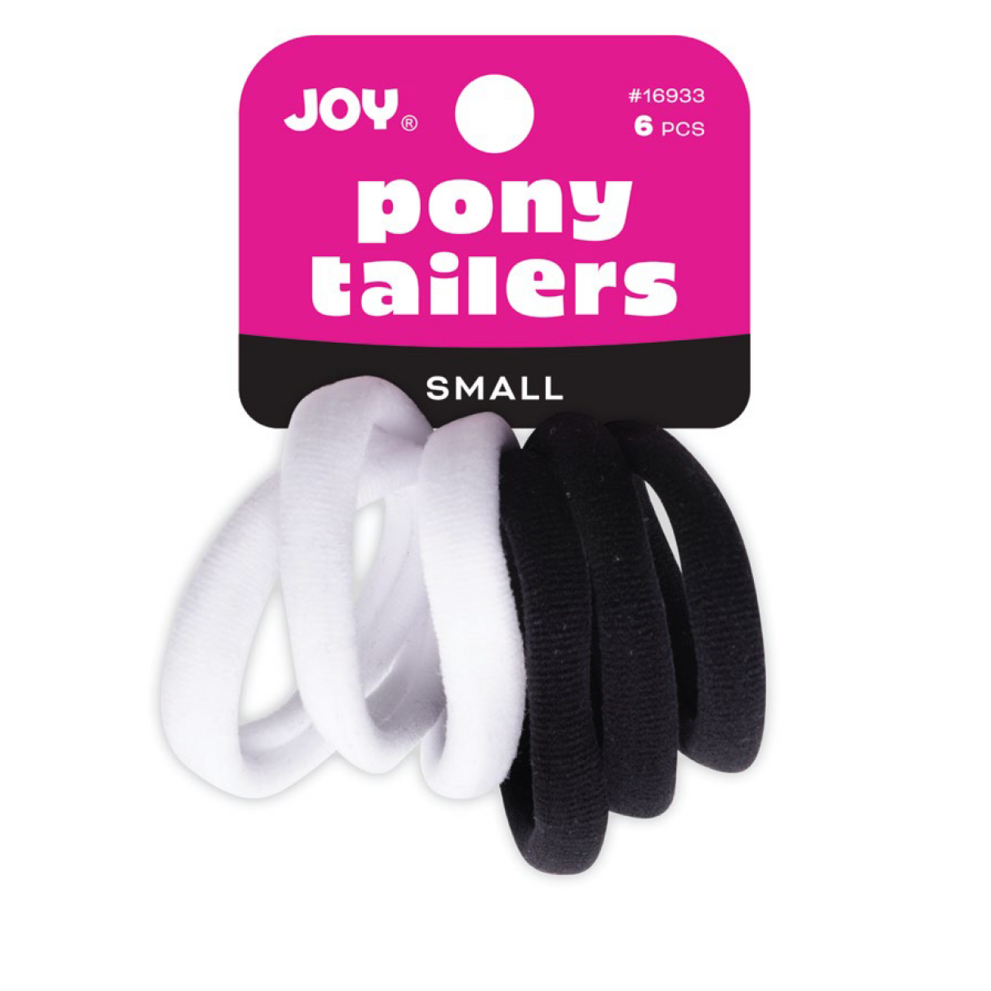 Joy Soft Ponytailers Small, 6 Count Gentle Kids' Hair Ties in black and white, stretchy and soft.