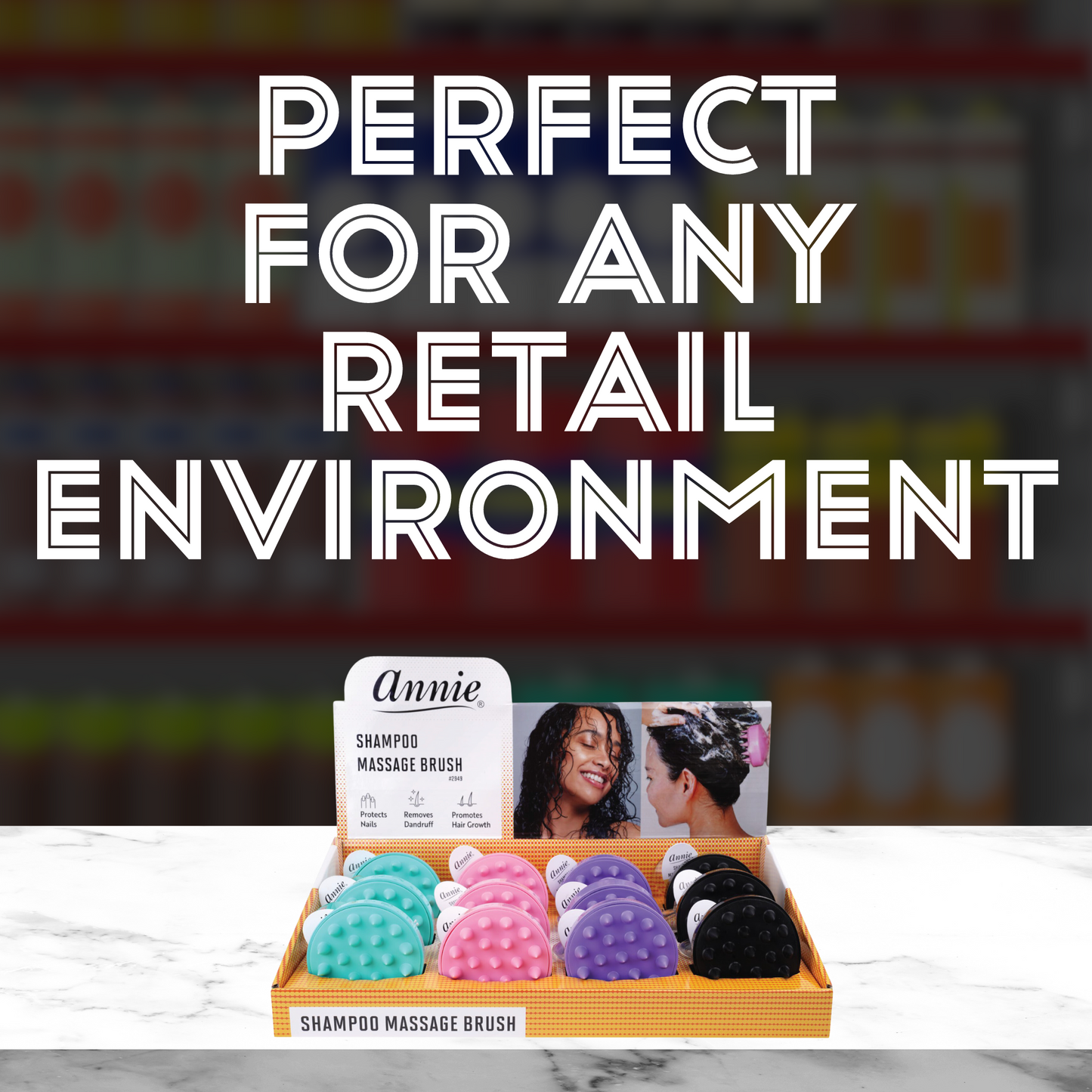 Annie Shampoo and Massage Brush Display Asst Color with teal, pink, purple, and black brushes in retail box.