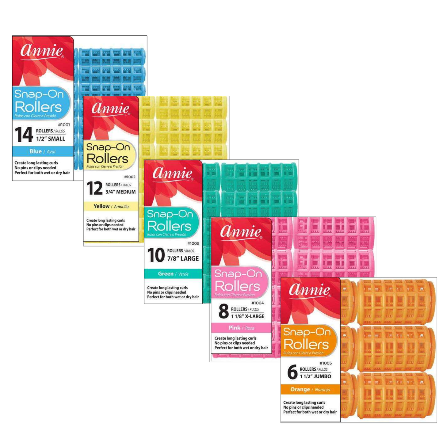 Annie Snap-On Rollers Complete Set, 50 Pieces, Assorted Colors featuring five sizes of colorful snap-on curlers designed for long-lasting curls on wet or dry hair without pins or clips.
