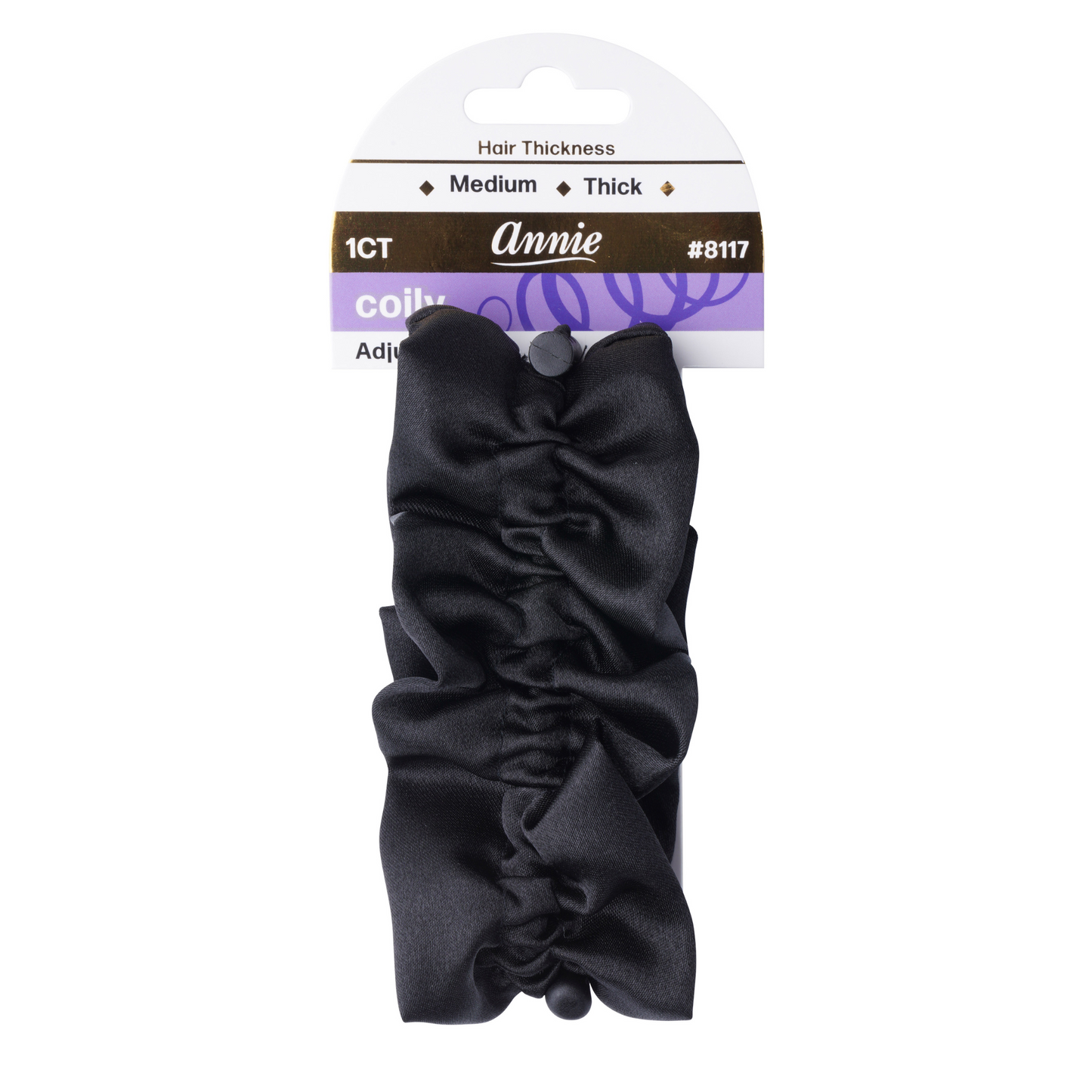 Annie large black satin adjustable scrunchie designed for medium to thick coily hair with button closure
