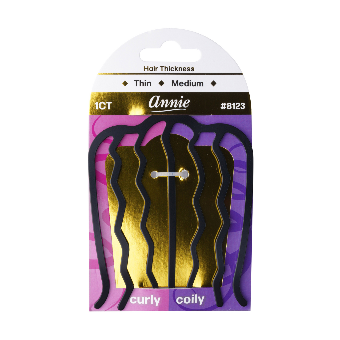 Annie Large Black Hair Fork Pin with wavy prongs, designed for medium to thick curly and coily hair types.