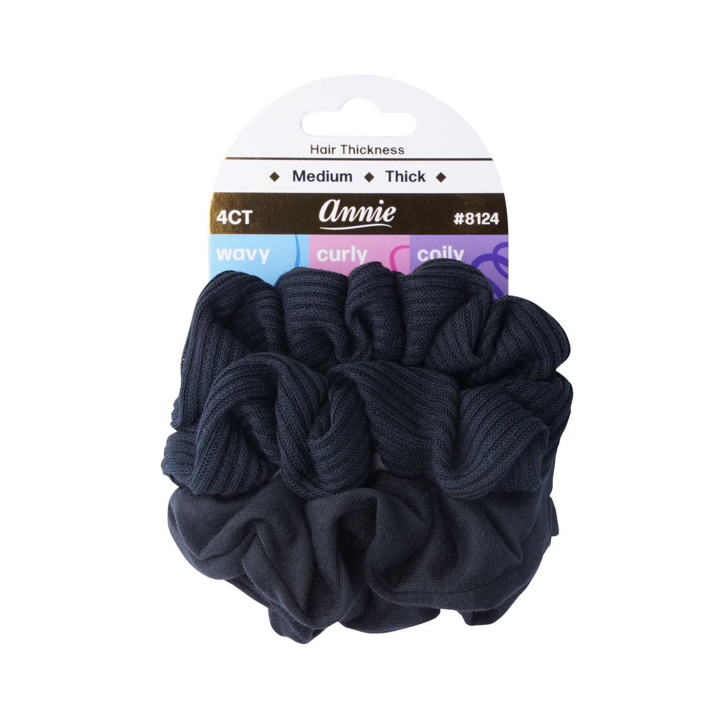 Annie 4 count black scrunchies with ribbed and smooth fabric textures, designed for medium to thick hair types