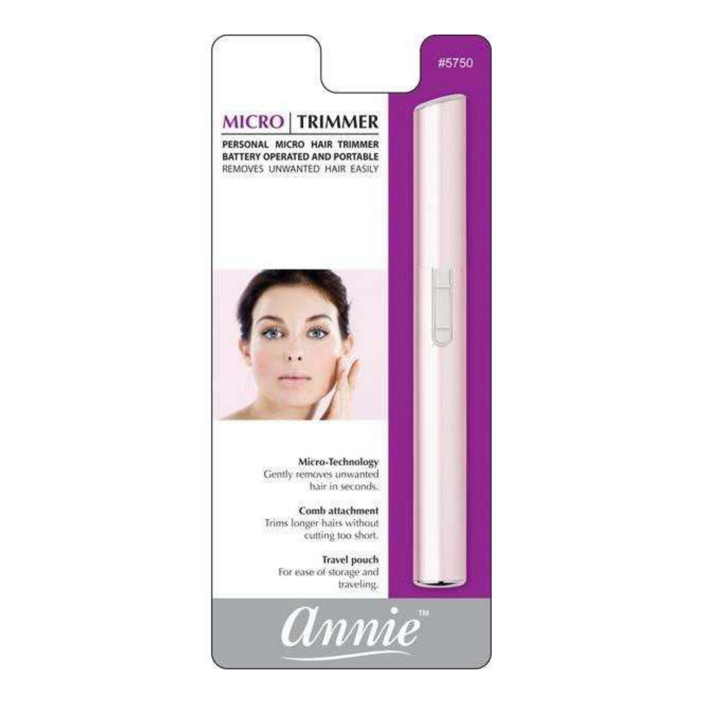 Annie Micro Facial Trimmer in pink with comb attachment for precise and gentle removal of unwanted facial hair.