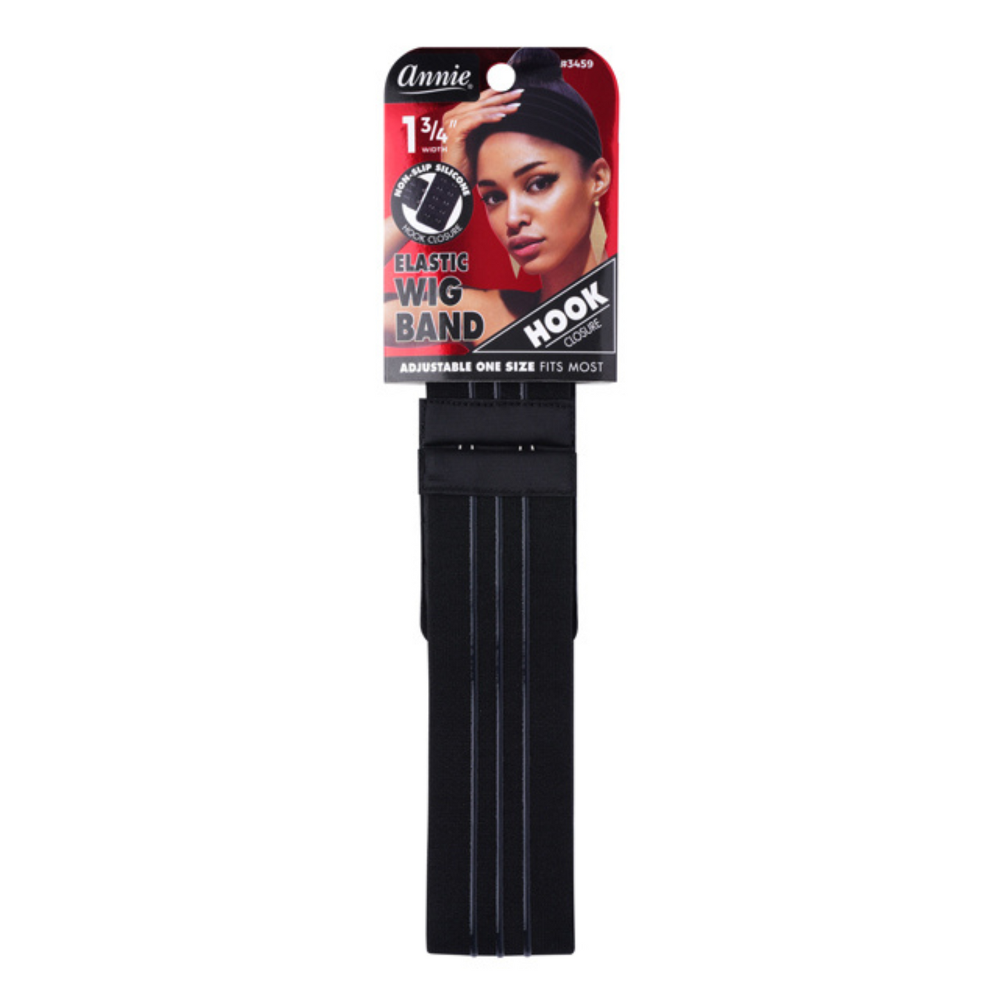 Annie Hook Wig Band Silicone Grip 1 3/4in, 1 Count Headband in black with adjustable hook closure.