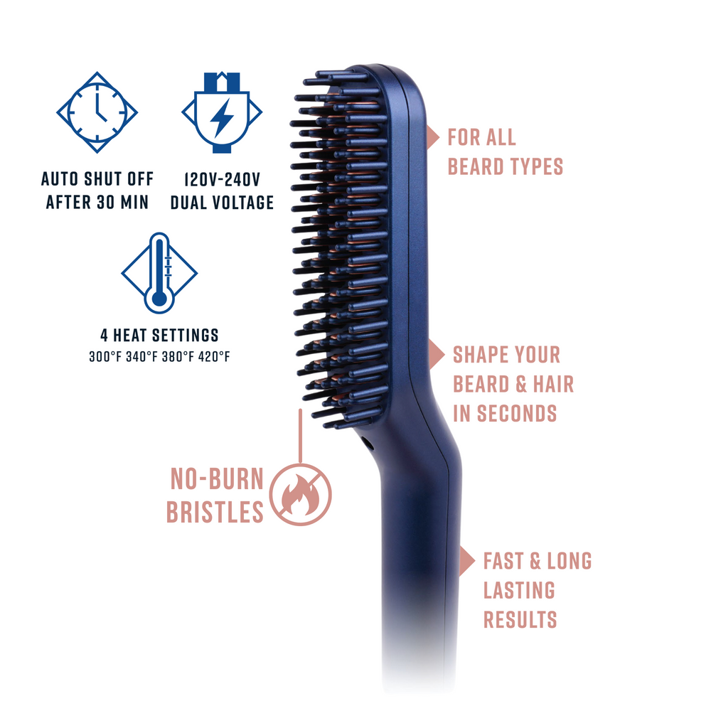 
                  
                    Load image into Gallery viewer, Beard straightener infographic showing features including auto shut off, 4 heat settings, voltage, no burn bristles, and its benefits.
                  
                