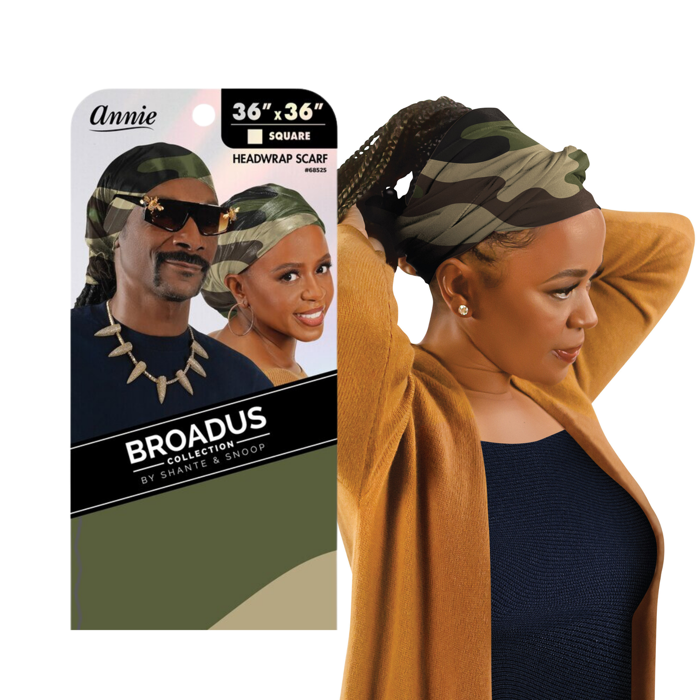 Broadus Collection camo head wrap scarf by Shante & Snoop Dogg, silky smooth 36x36 inch square design.