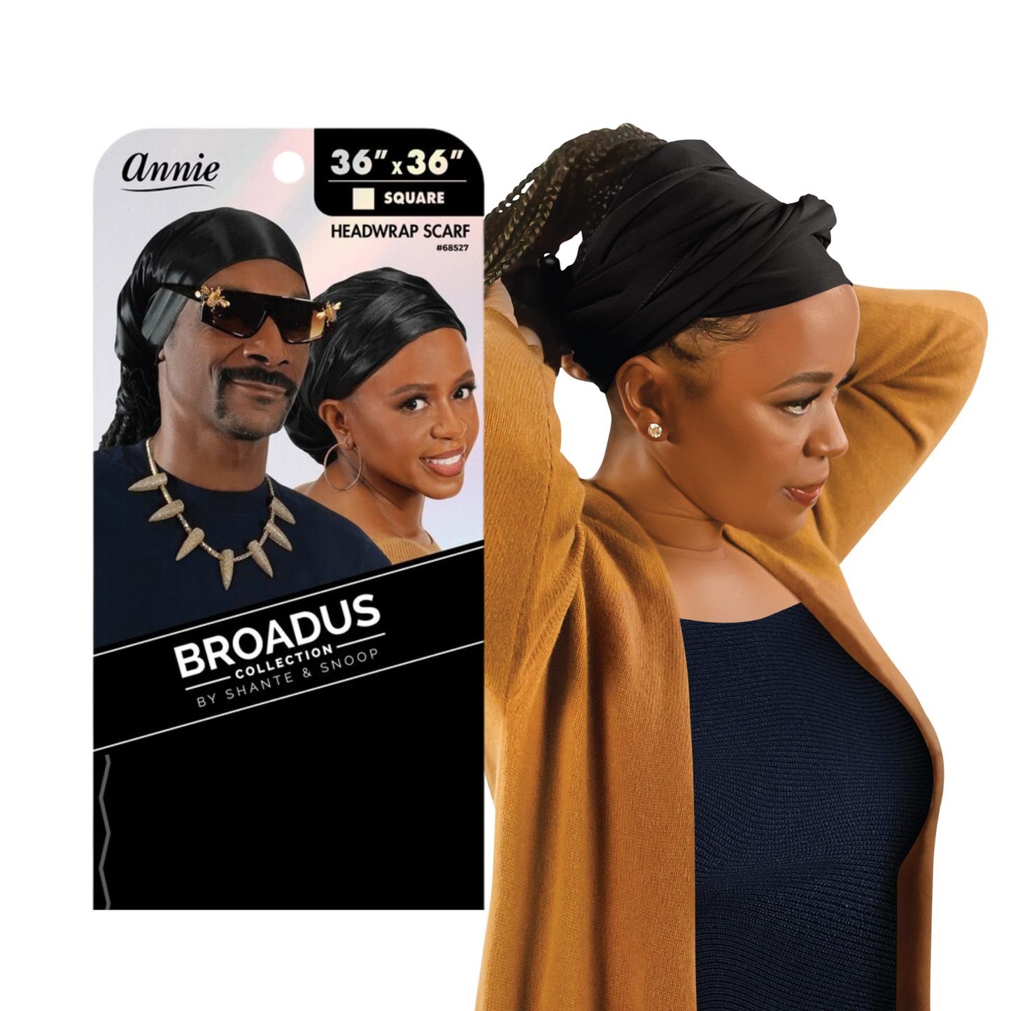 Black Broadus Collection silky smooth headwrap scarf by Shante & Snoop Dogg, 36x36 inches, stylish and versatile design