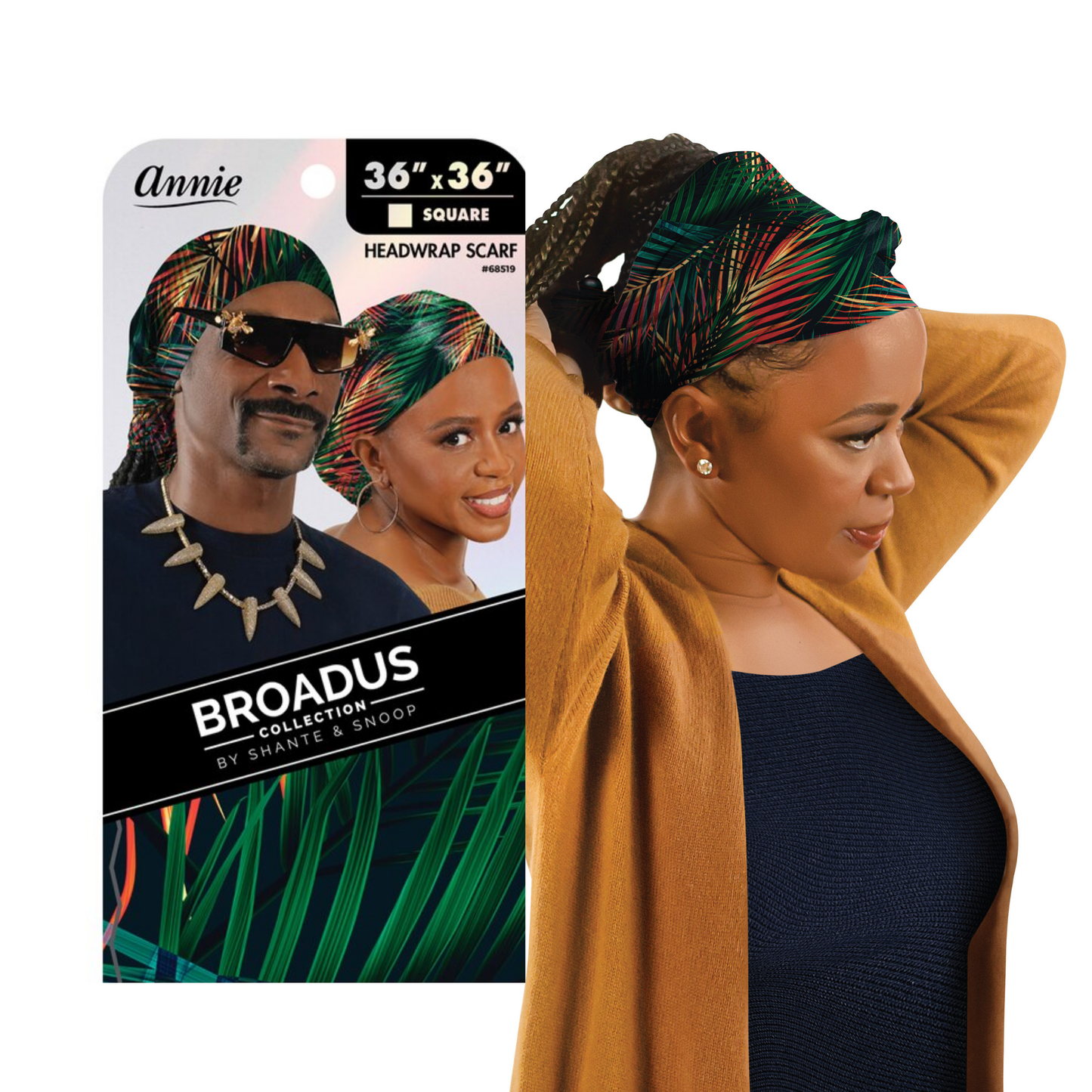 Main product picture for the Broadus Collection Island Palms Pattern silky head wrap scarf from snoop dogg and Shante 36" x 36" long scarf