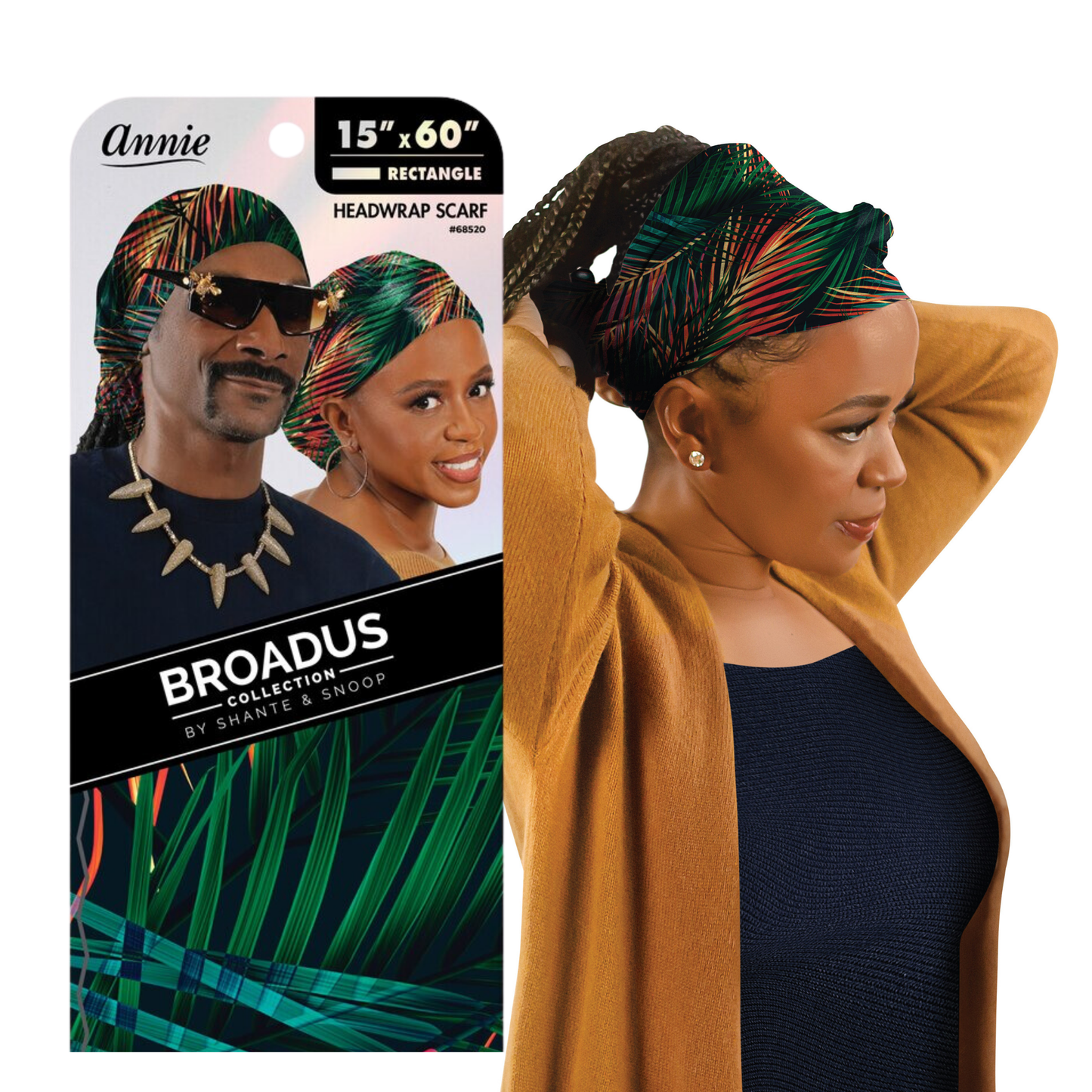 Main product picture for the Broadus Collection Island Palms Pattern silky head wrap scarf from snoop dogg and Shante 15" x 60" long scarf