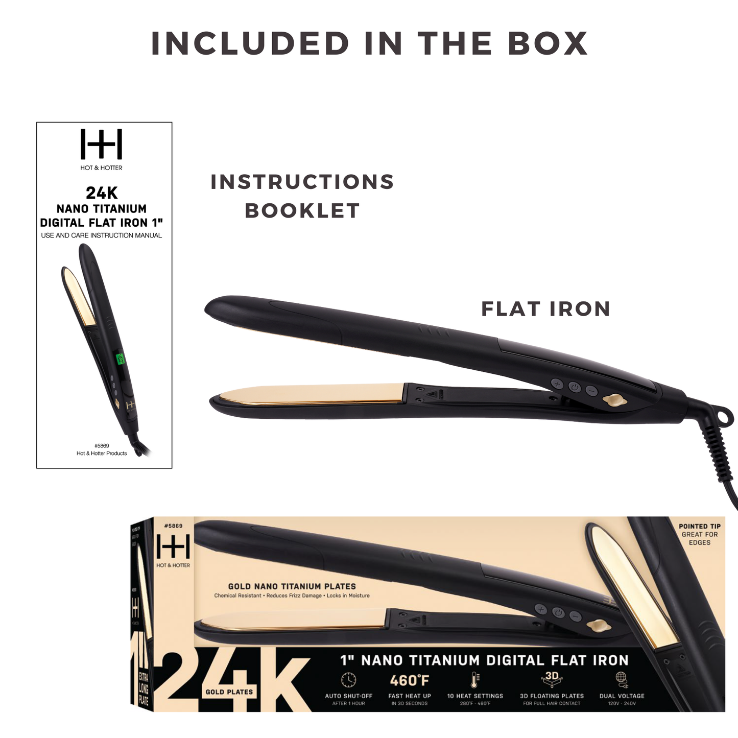 Hot & Hotter Digital Nano Titanium Flat Iron with 1-inch gold plates, digital display, and 10 heat settings in black