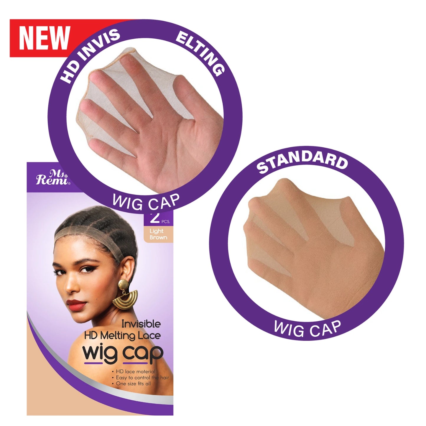 Ms. Remi HD Invisible Melting Wig Cap 2pc, Light Brown Wig Caps Ms. Remi
