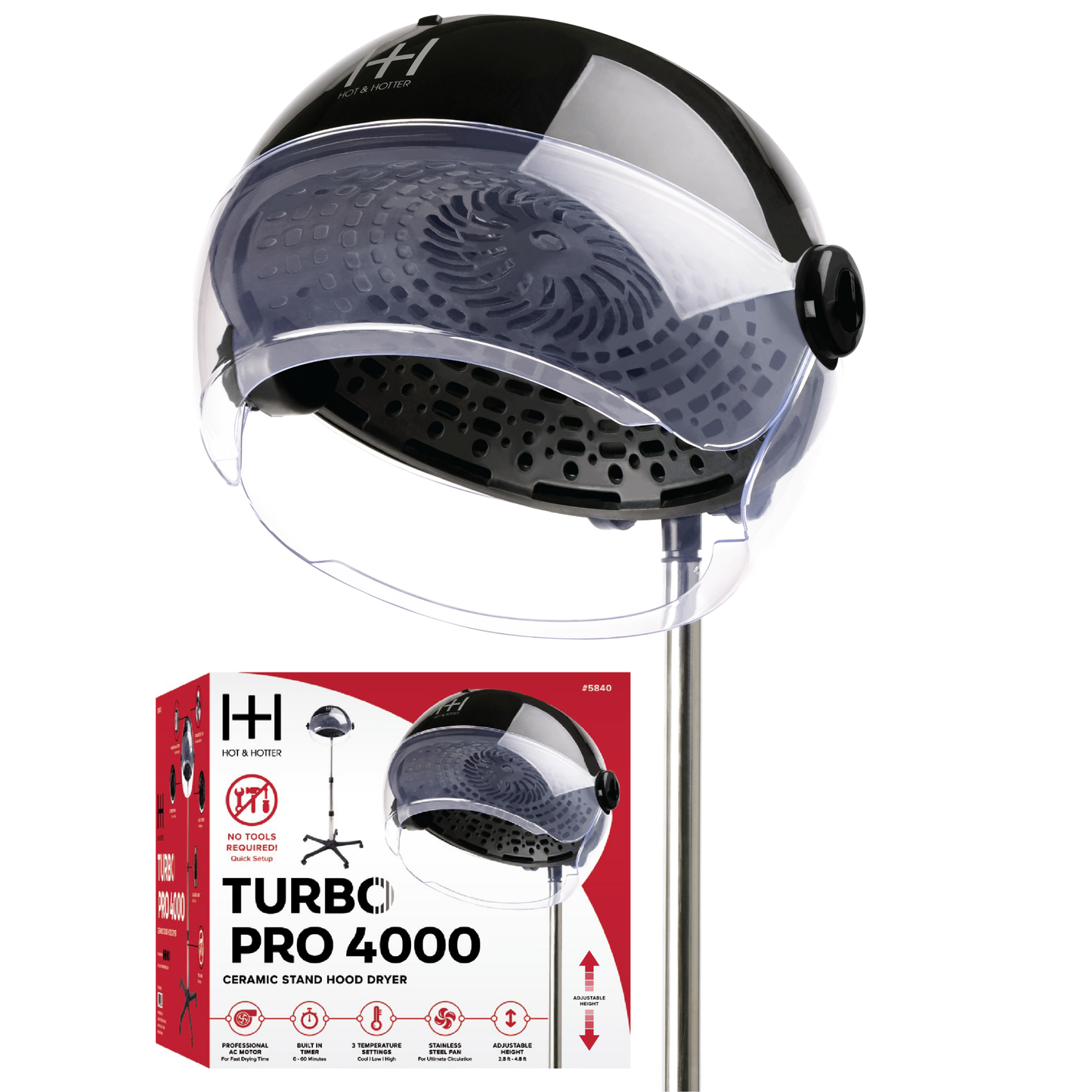 Hot & Hotter Ceramic Turbo Pro 4000 Hood Dryer with adjustable height and stainless steel fan for salon use.