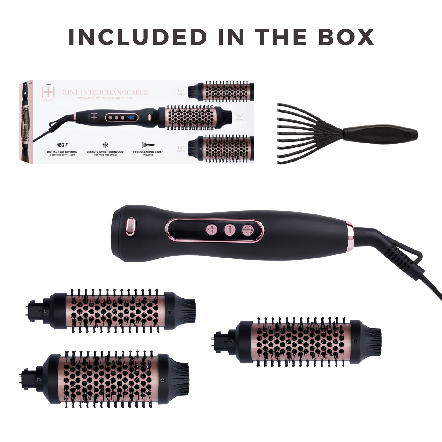 Hot & Hotter 3 in 1 Interchangeable Ceramic Hot Styling Brush Set with three barrels and digital heat display in black.