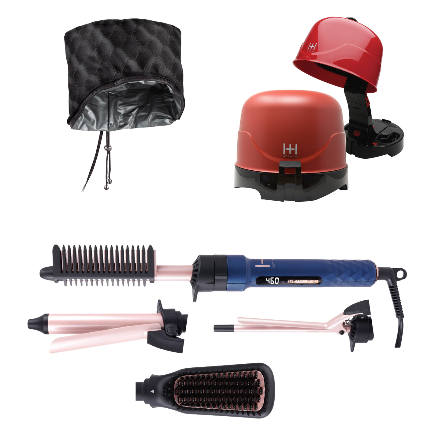 Hot & Hotter At-Home Salon Setup, 3 Piece Professional Hair Styling Tool Set featuring a removable hooded dryer attachment, a blue and rose gold curling iron with interchangeable barrels, and a heated styling brush.