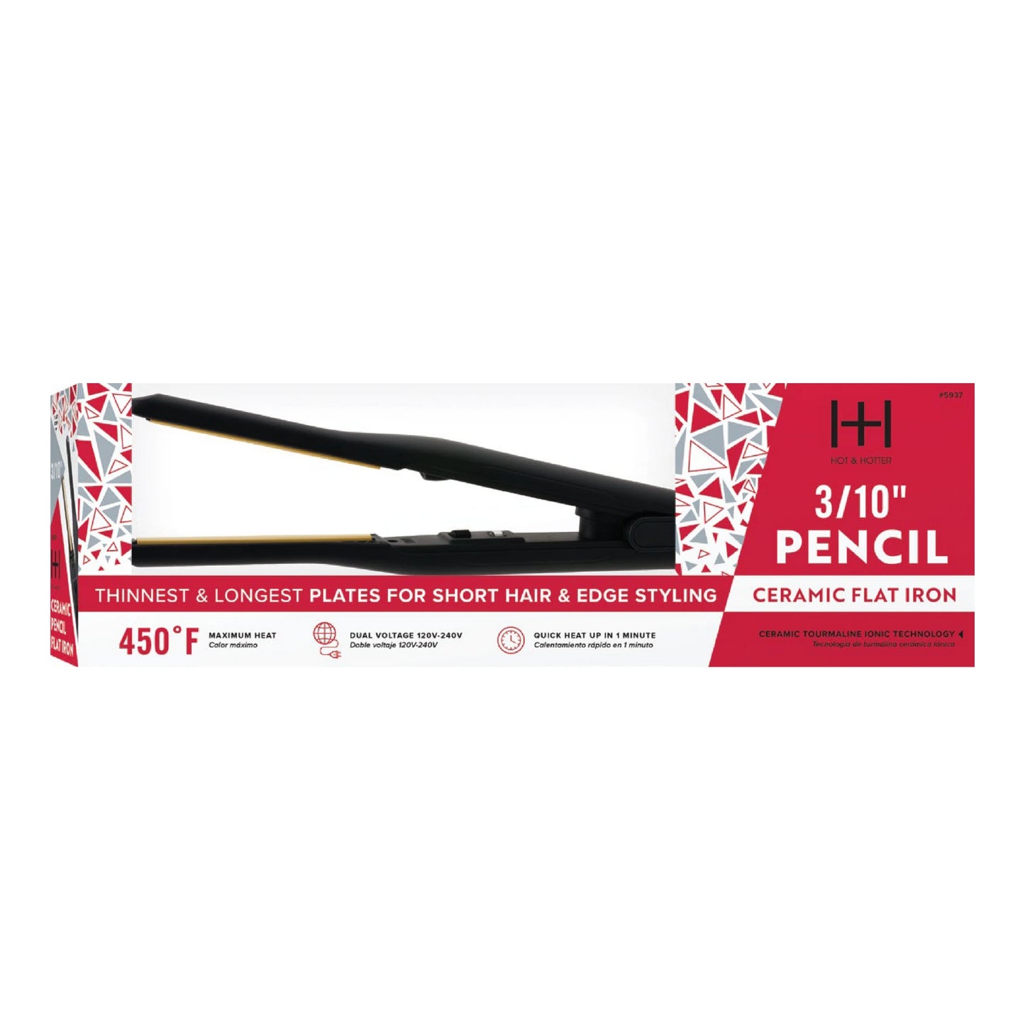 Hot & Hotter Pencil Ceramic Tourmaline Flat Iron 3/10" Black Flat Iron Hot & Hotter