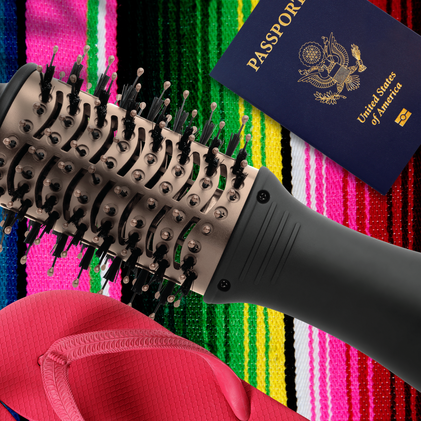 Hot & Hotter Mini One Step Hair Styler Dryer black and rose gold brush with a passport and flip flop.