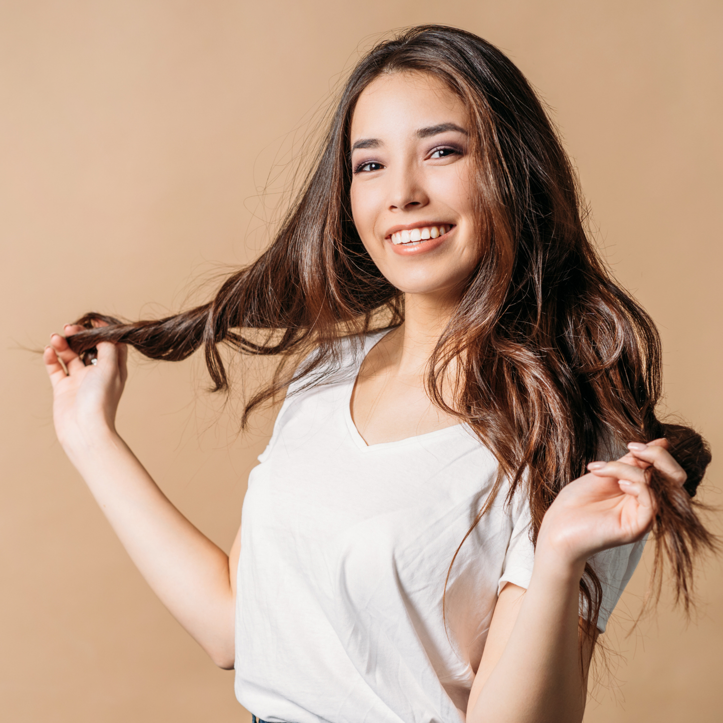 Smiling woman with smooth hair styled using Hot & Hotter One-Step Ceramic Hair Styler & Dryer 1 Count Hot Air Brush Black