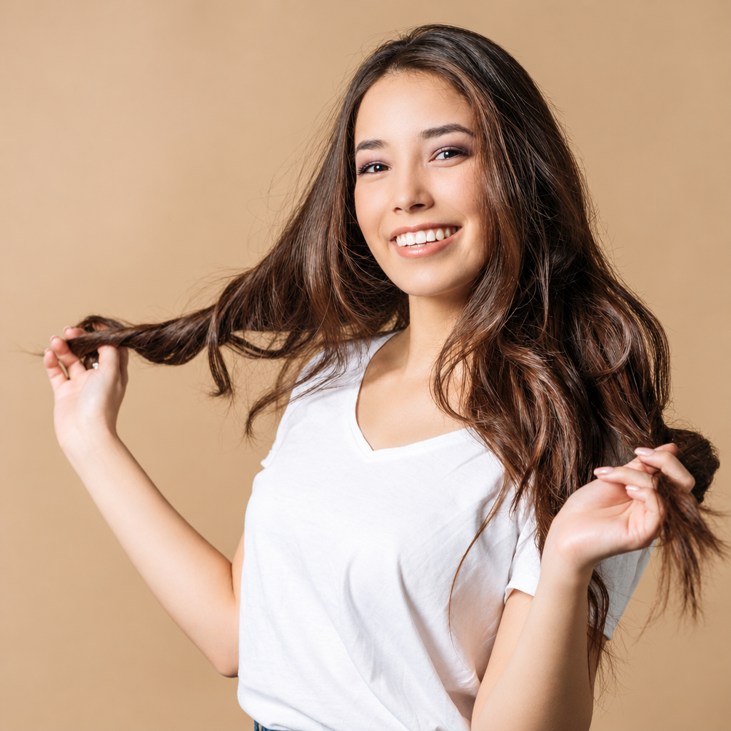 Smiling woman with smooth hair styled using Hot & Hotter One-Step Ceramic Hair Styler & Dryer 1 Count Hot Air Brush Black