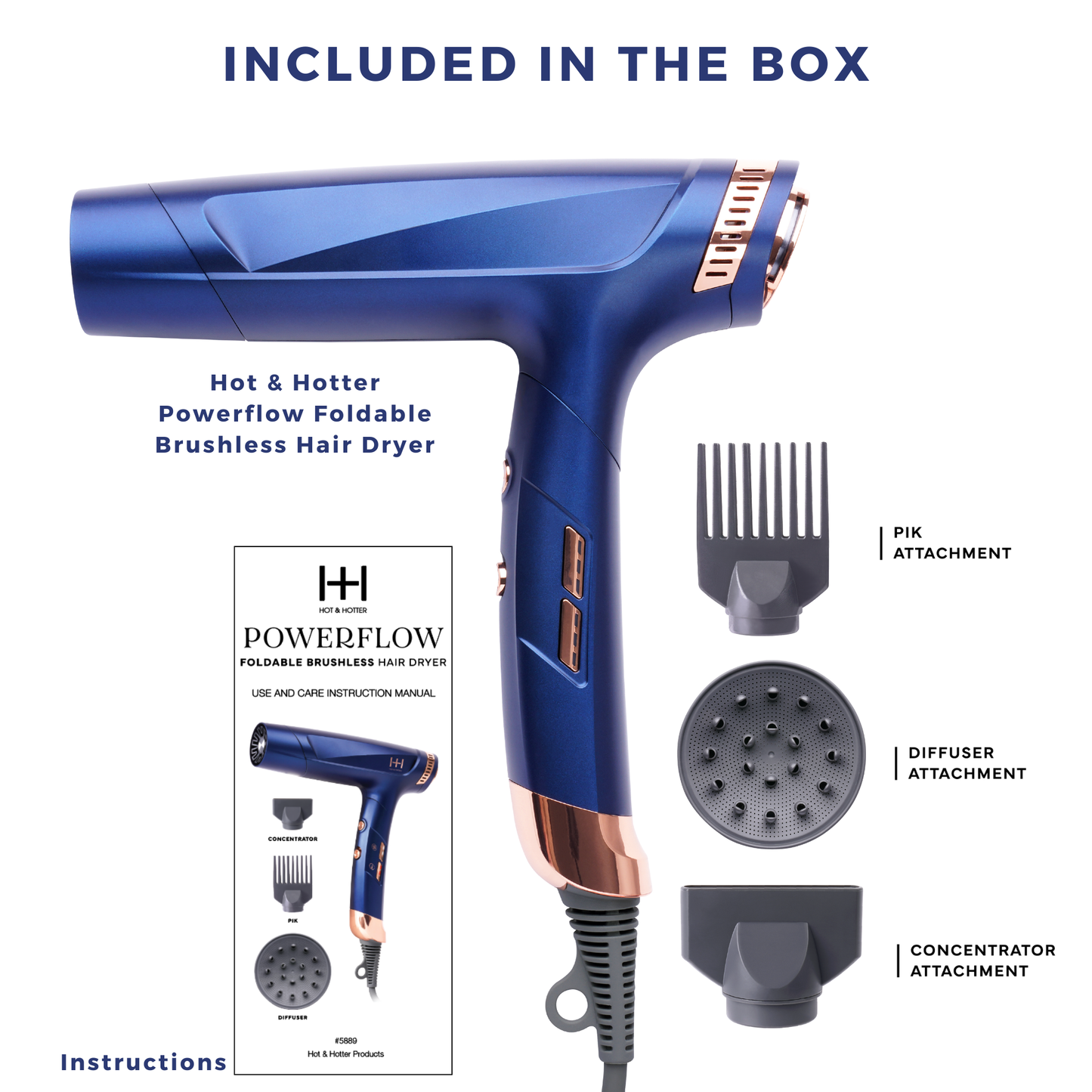 Hot & Hotter Powerflow Foldable Brushless Hair Dryer in blue with attachments including diffuser, concentrator, and pik comb.