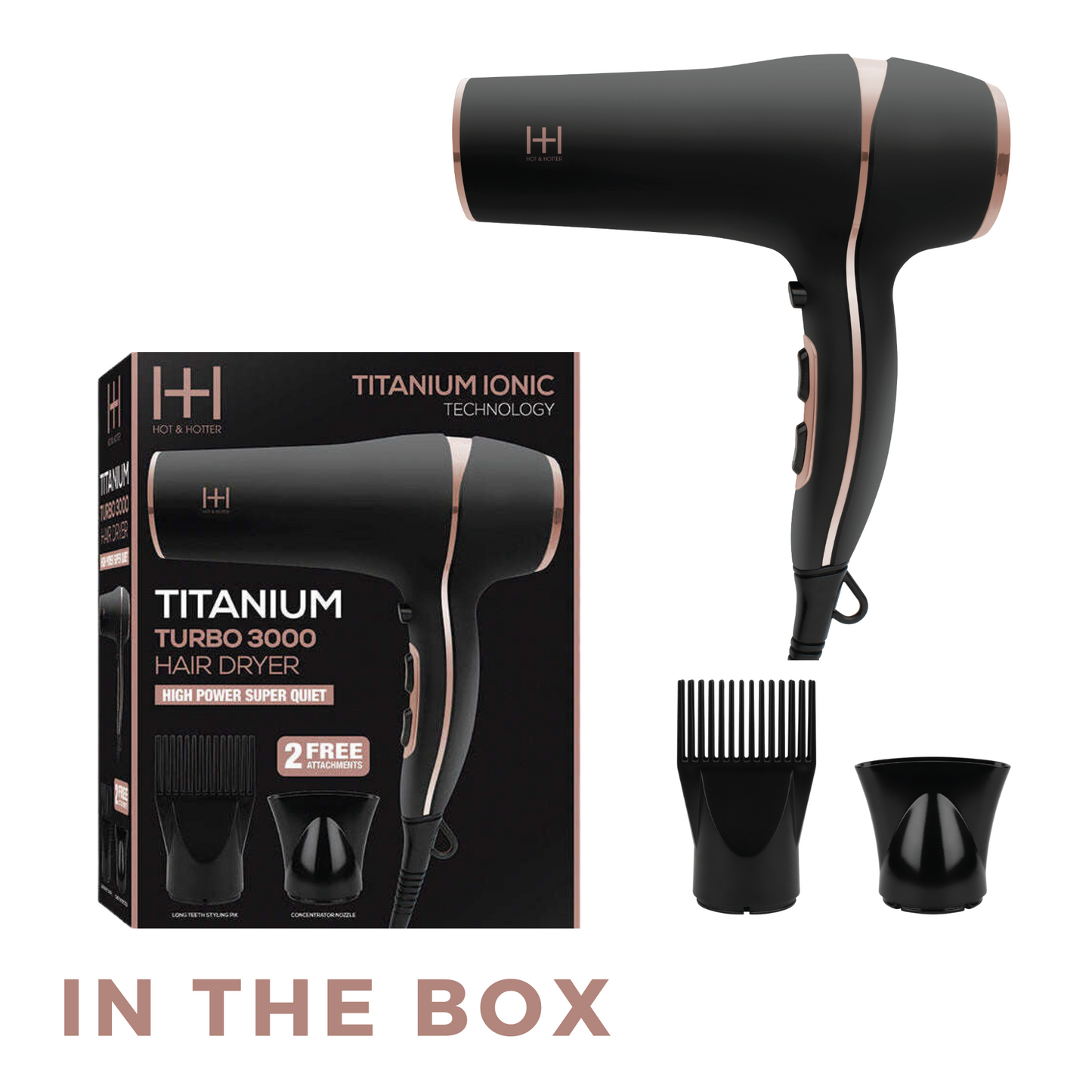 Hot & Hotter Titanium Turbo 3000 Hair Dryer with two attachments, sleek black design, and titanium ionic technology.