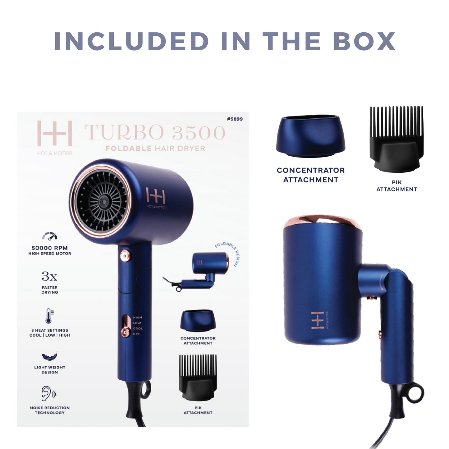 Hot & Hotter Turbo 3500 Foldable Hair Dryer in Blue with concentrator and pik attachments for travel use