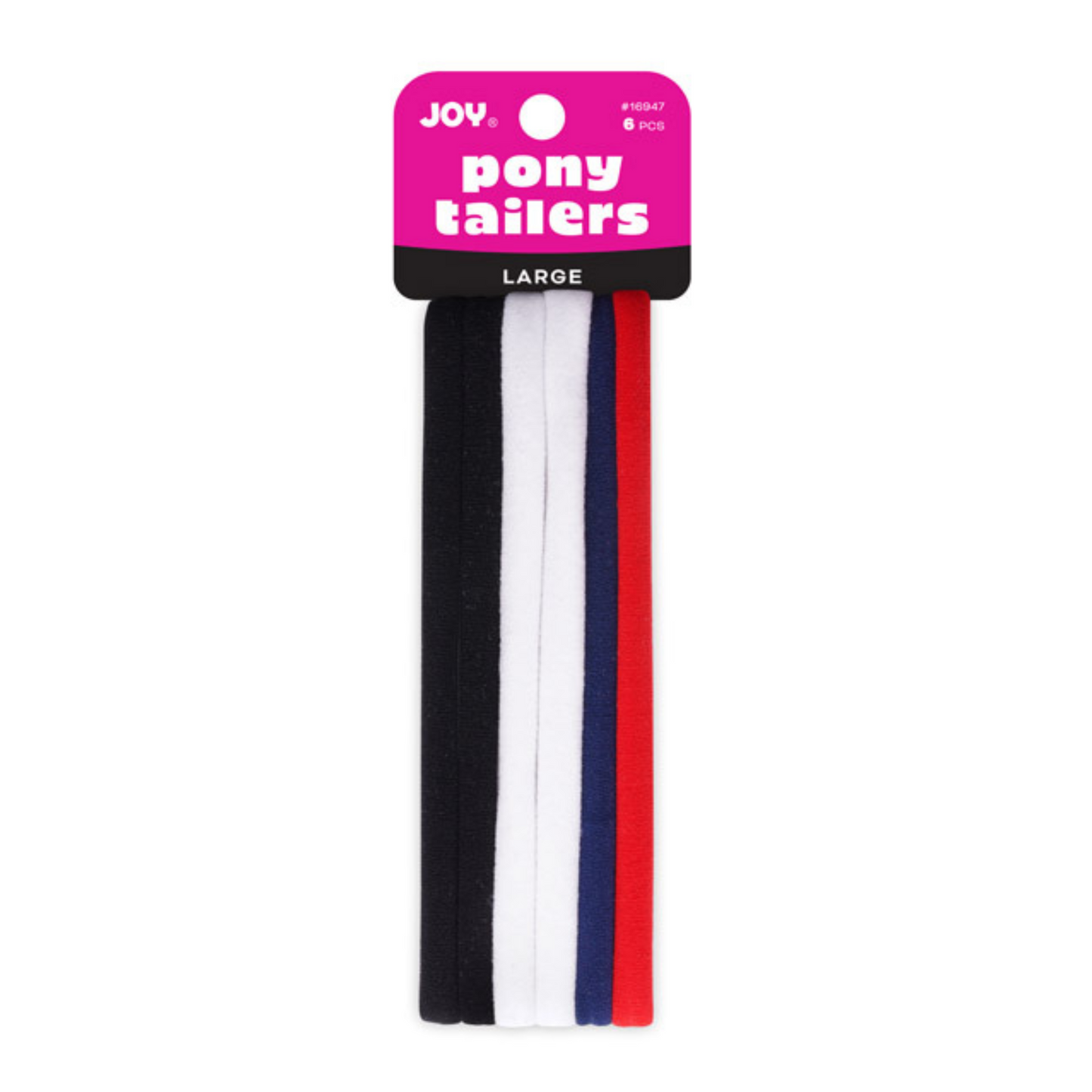 Joy Soft Ponytailers Large, 6 Count gentle kids' hair ties in black, white, blue, and red colors.