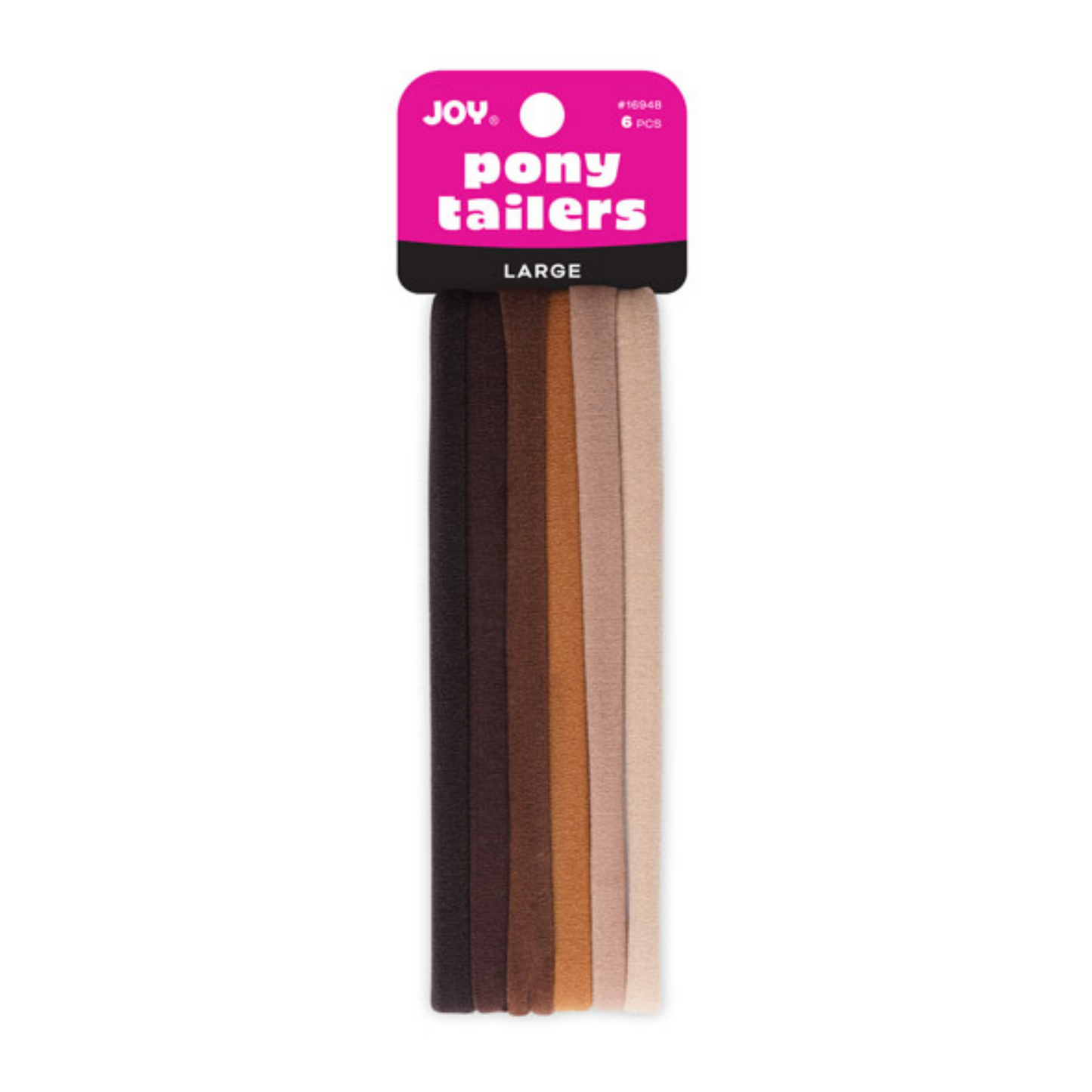 Joy Soft Ponytailers Large, 6 Count gentle kids' hair ties in assorted brown shades, soft and stretchy.