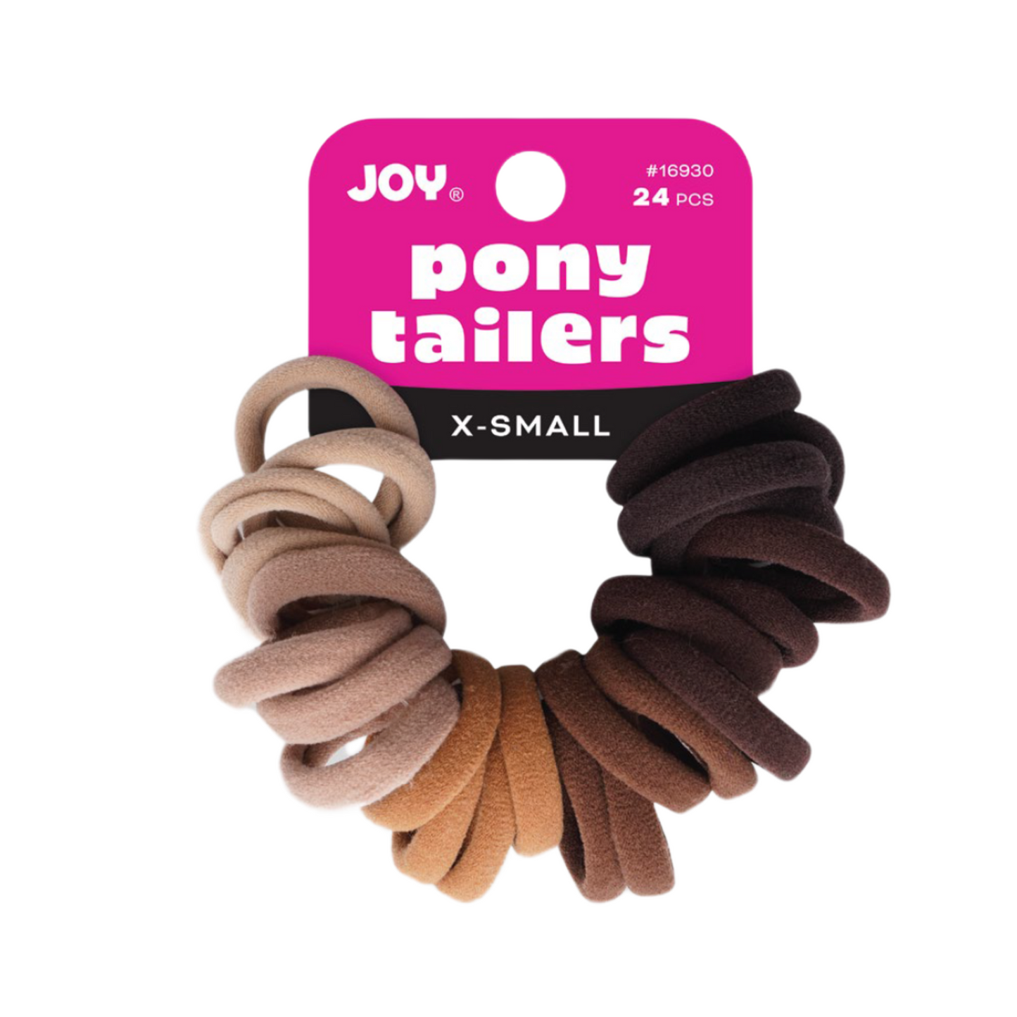 Joy Soft Ponytailers X-Small 24 Count gentle kids' hair ties in assorted brown shades, soft and durable.