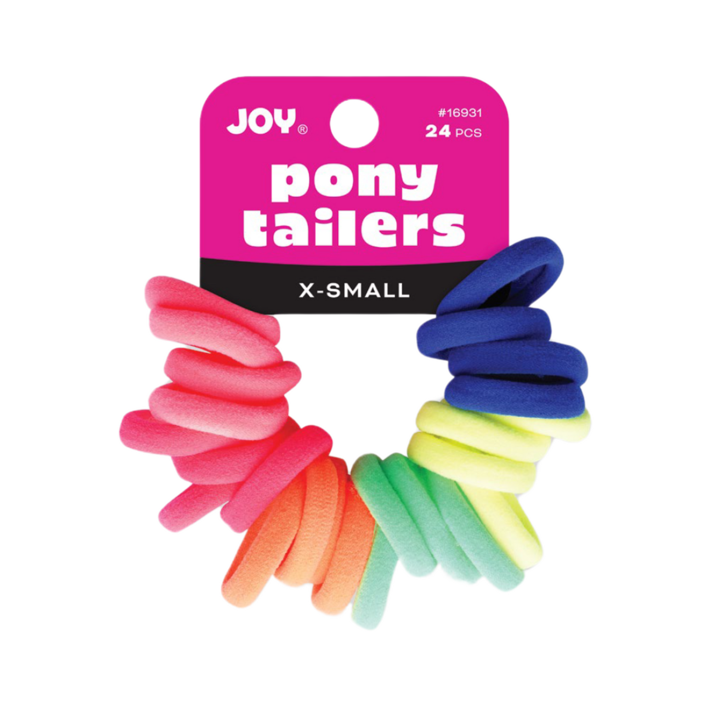 Joy Soft Ponytailers X-Small 24 Count gentle kids' hair ties in assorted neon colors for all hair types.