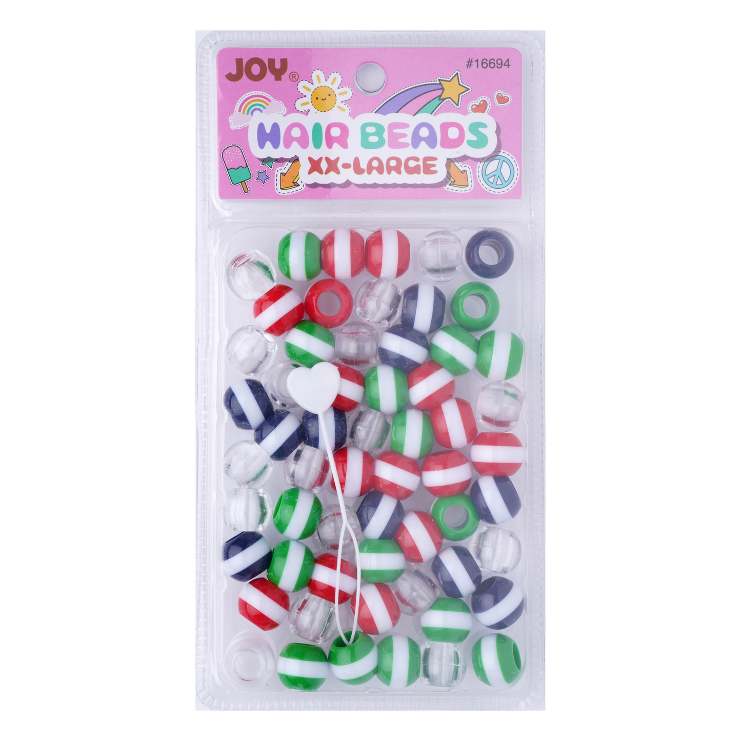 Joy Round Beads XXLarge Size Large pkg Asst. Stripe Clear Mix with red green blue striped and clear beads in packaging