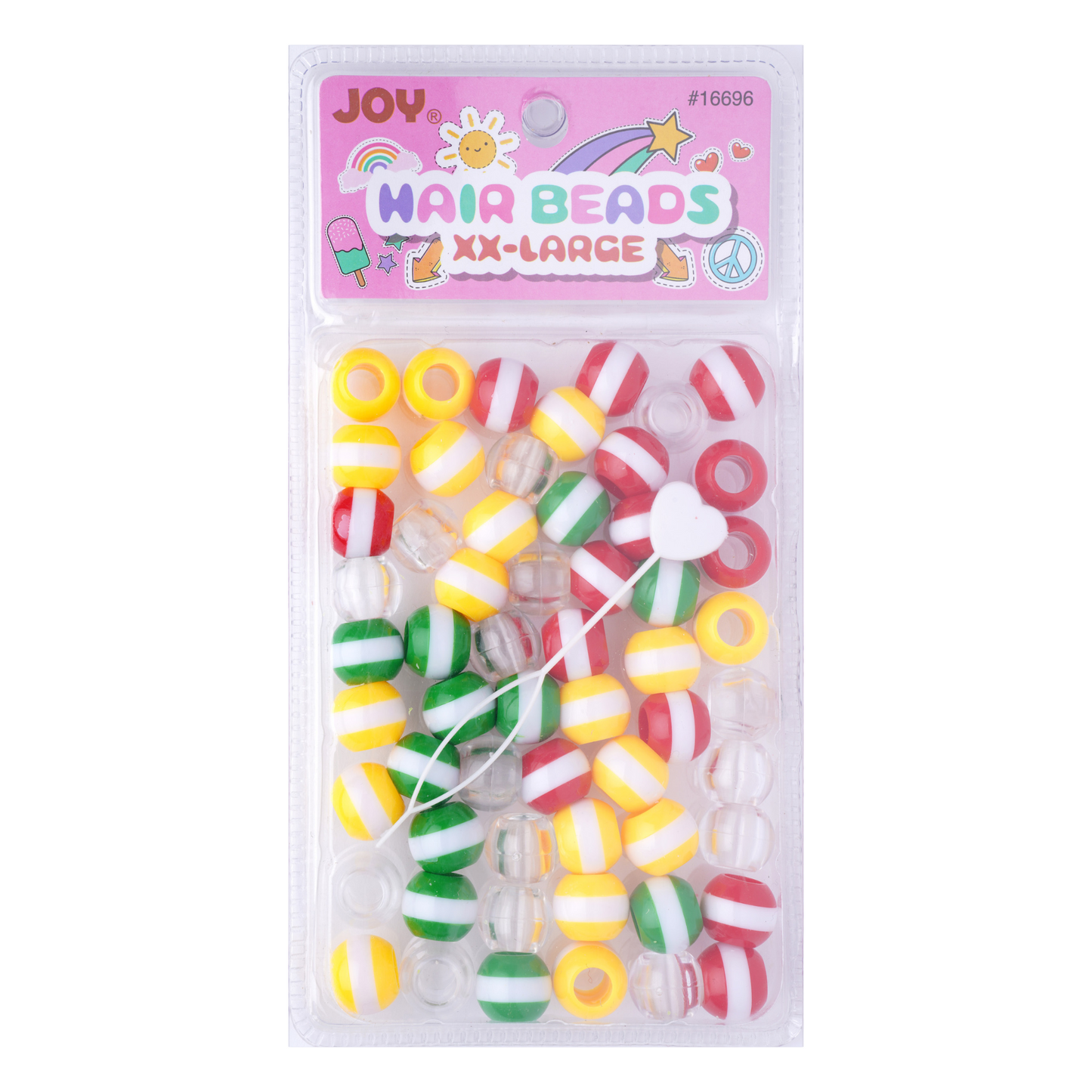 Joy Round Beads XXLarge Size Large pkg Asst. Stripe Clear Mix with colorful striped large beads for hair styling.