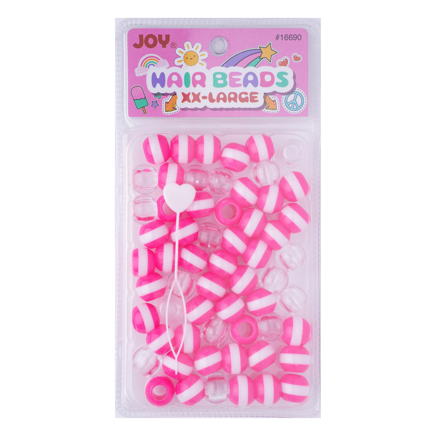 Joy Round Beads XXLarge Size Large pkg Neon Pink Stripe Clear Mix for trendy braids and unique style accents.