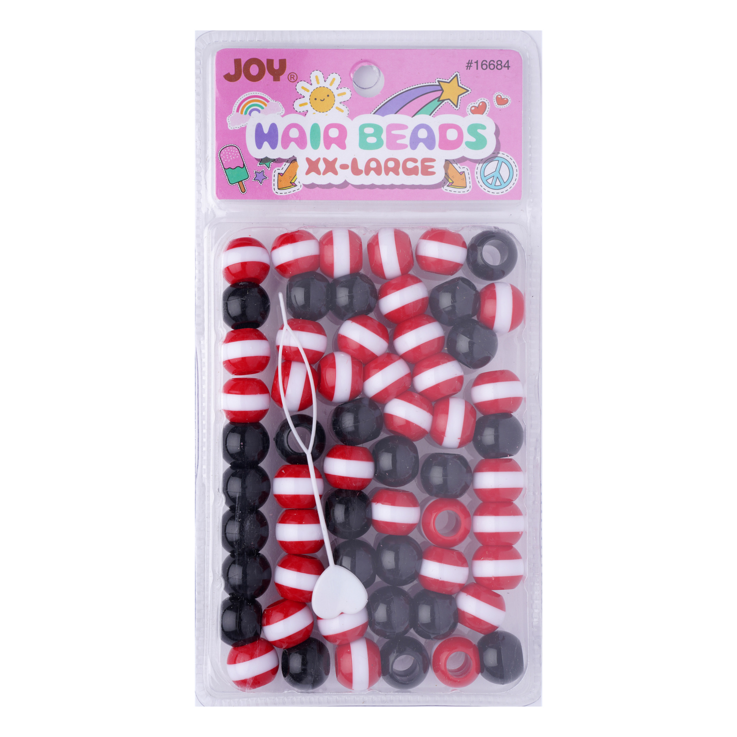 Joy Round Beads XXLarge Size Large pkg Red Stripe Black Mix in a clear bag for trendy braids and unique style.