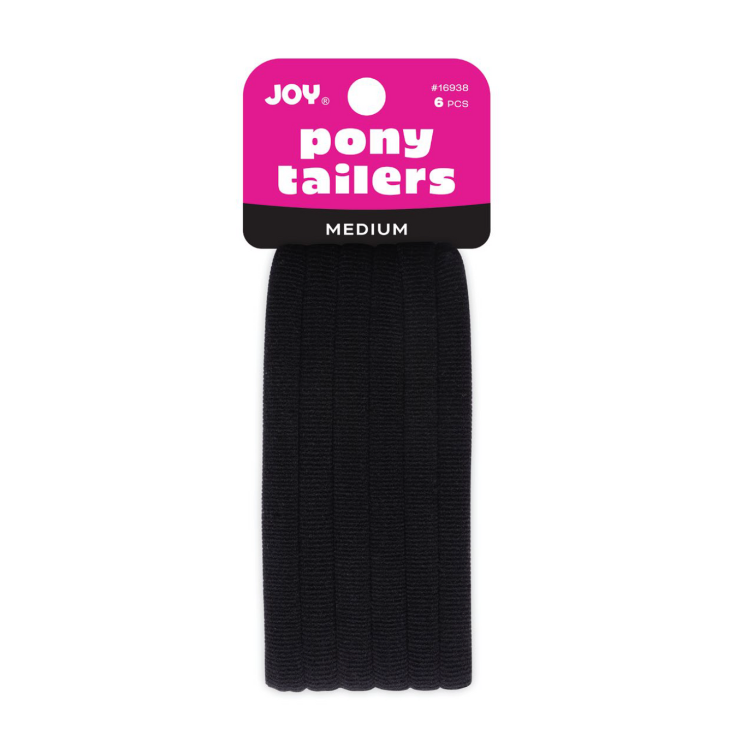 Joy Soft Ponytailers Medium 6 Count Gentle Kids' Hair Ties in black, durable, stretchy, and soft with seamless design.