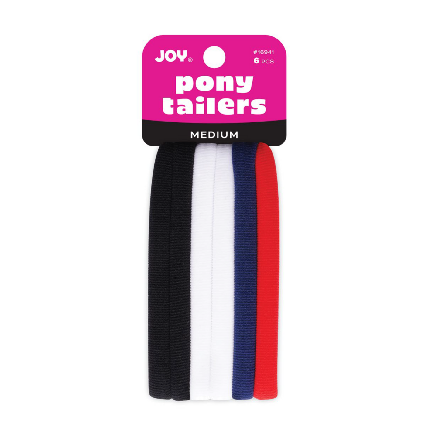 Joy Soft Ponytailers Medium 6 Count gentle kids' hair ties in assorted black, white, blue, and red colors.