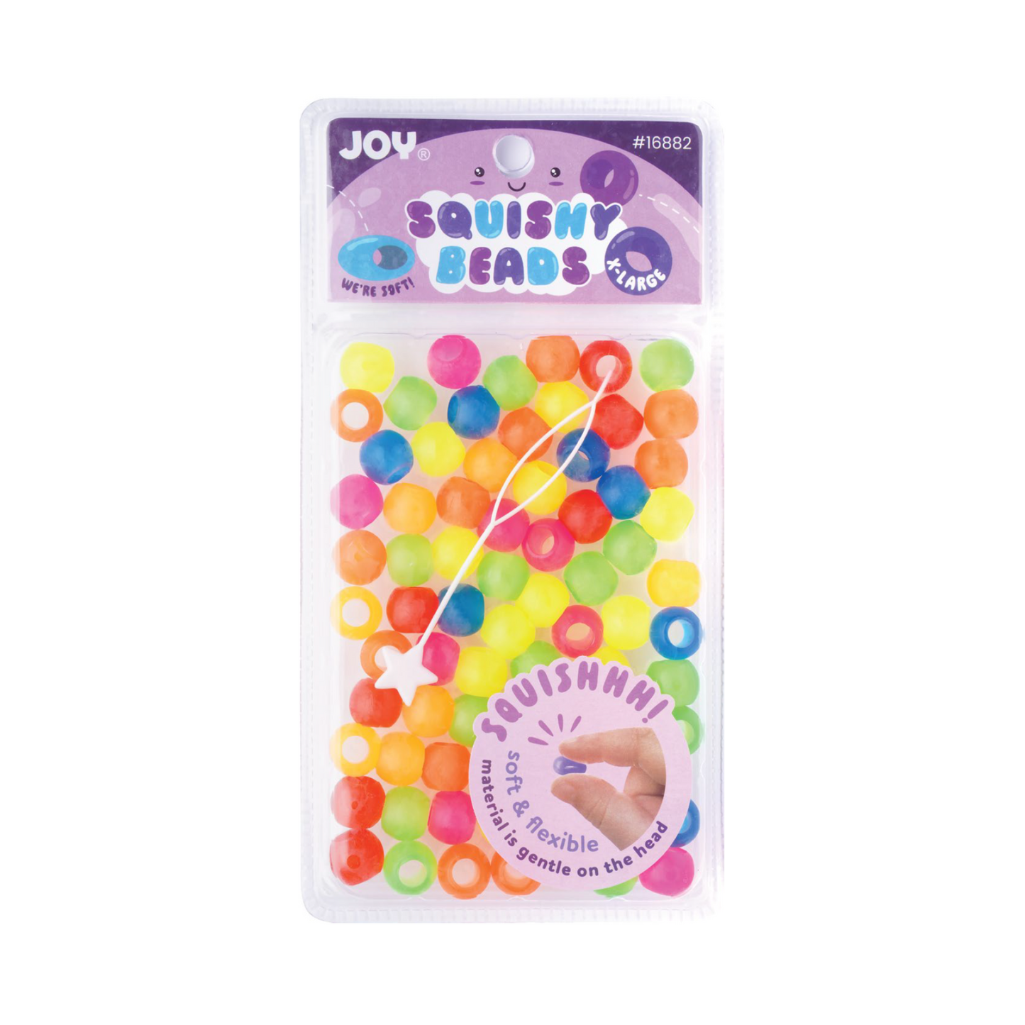 Joy Round Squishy Beads XL Size, 80 Count, soft colorful kids hair beads in large package, transparent packaging.