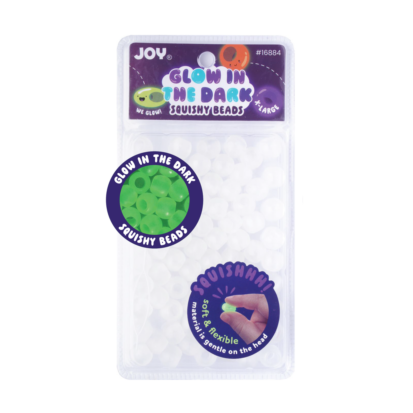 Joy Round Squishy Glow Beads XL Size, 80 Count clear soft glowing kids hair beads for braids and dreadlocks.