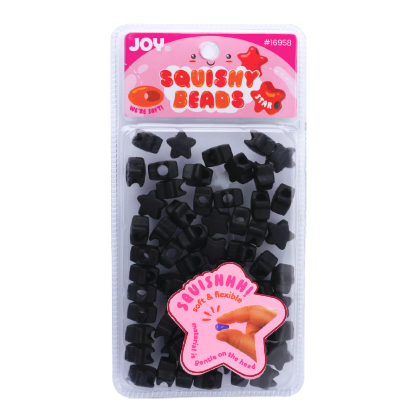 Package of 60 black star-shaped soft squishy beads for braids and locs, flexible and lightweight hair accessories