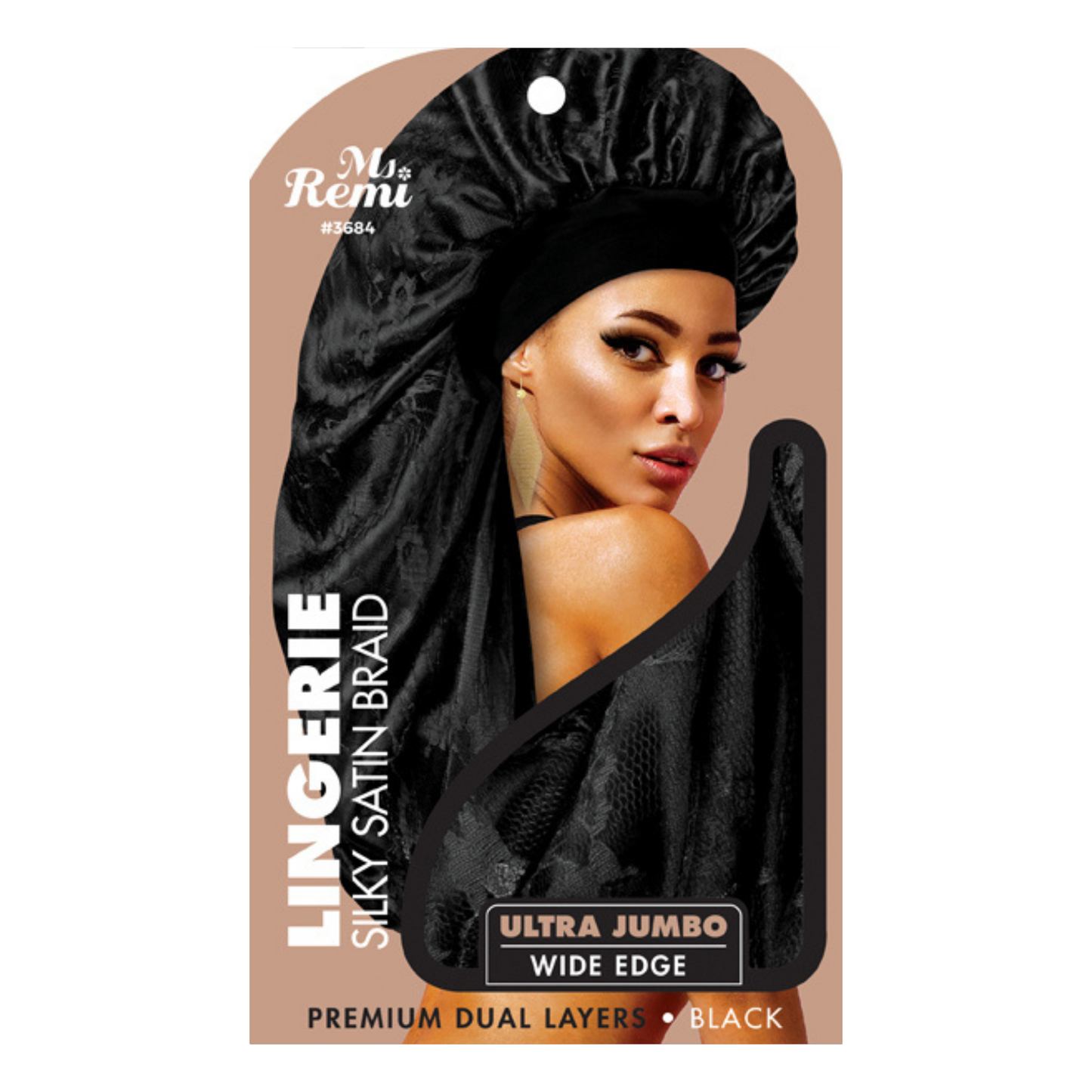 Ms. Remi Lingerie Wide Edge Silky Braid Bonnet Ultra Jumbo in black with premium satin finish and wide edge band.