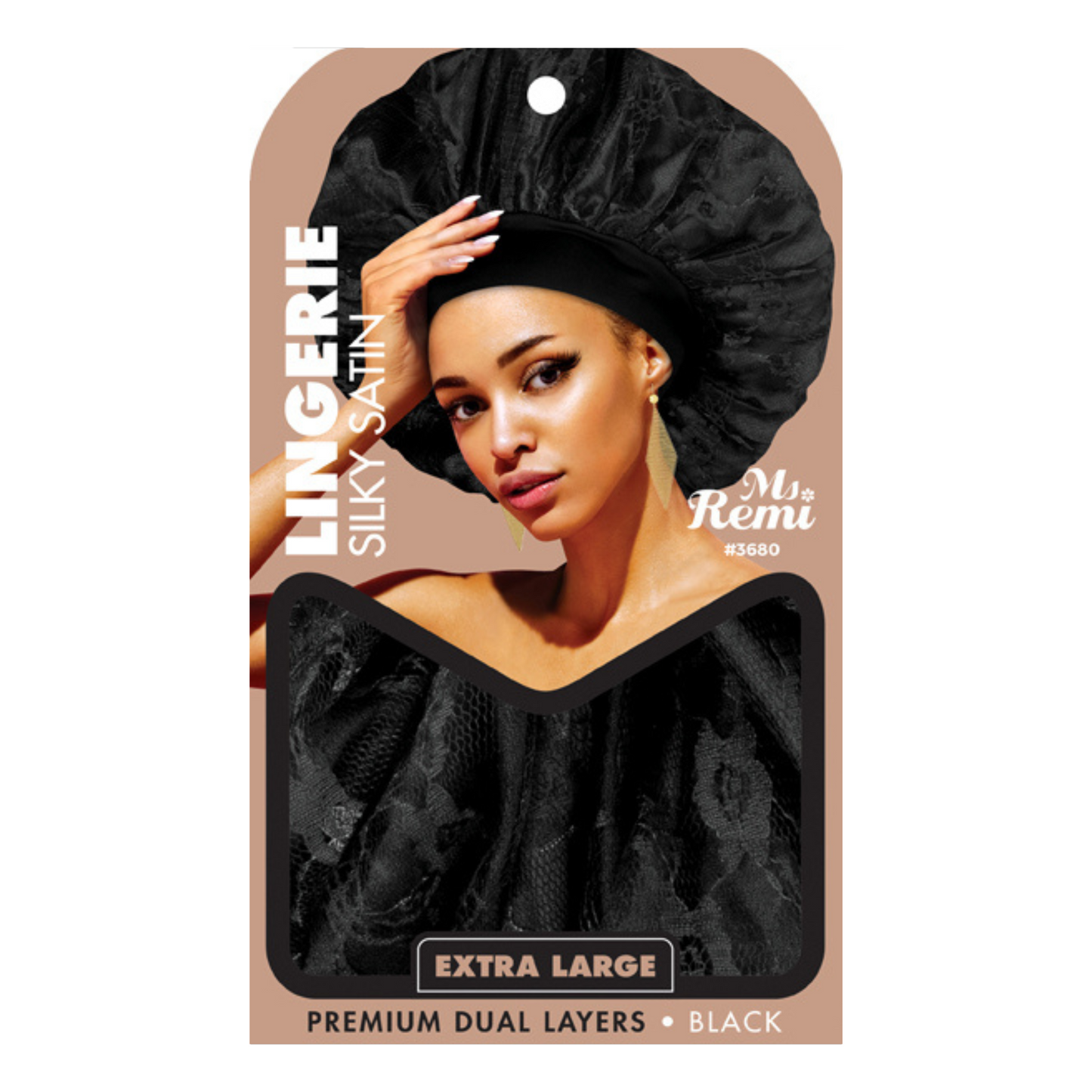 Ms. Remi Lingerie Silky Bonnet X-Large black with premium satin finish and protective silky lining for hair care.