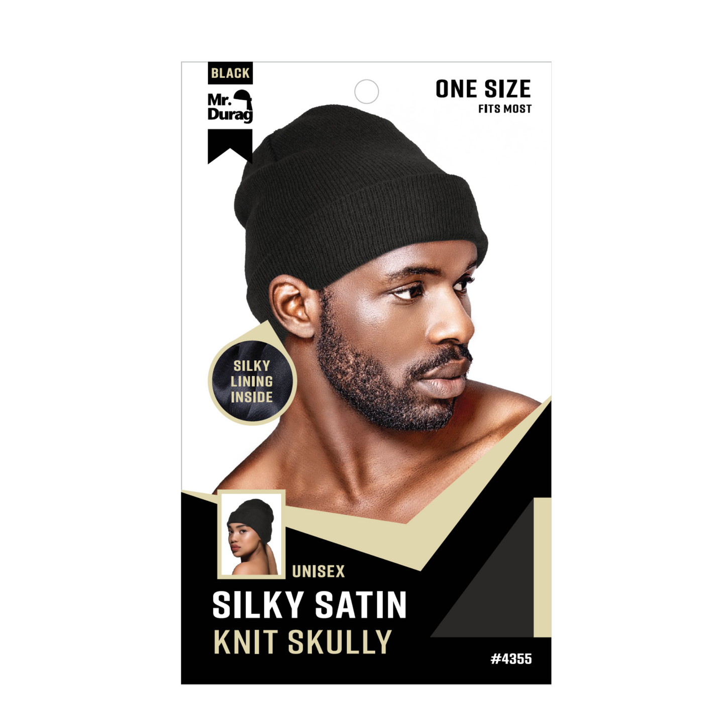 Mr. Durag Silky Satin Knit Skully black beanie with silky lining for smooth hair, moisture retention, and unisex one size fit.