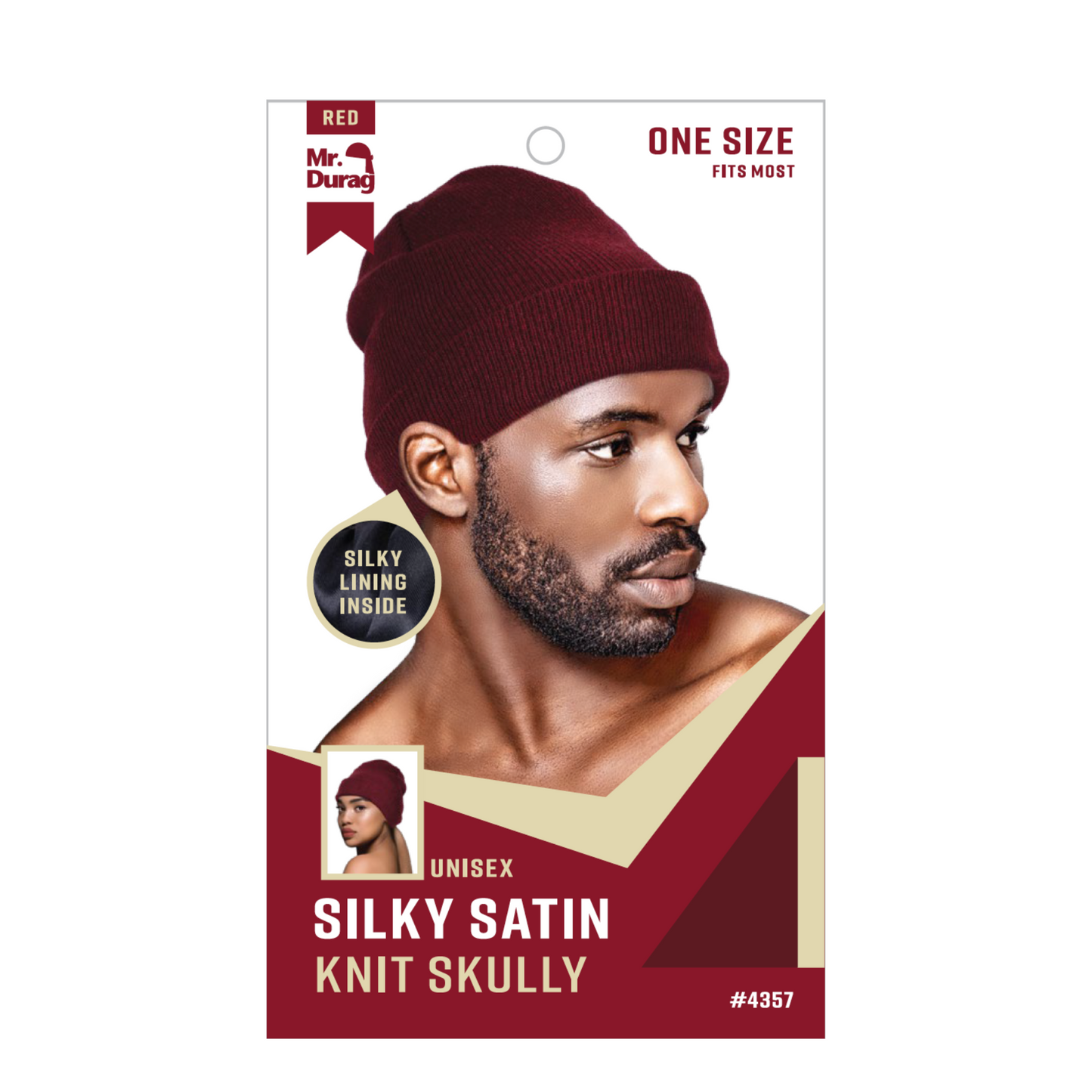 Mr. Durag Silky Satin Knit Skully red beanie with silky lining for smooth hair, unisex, one size fits most.