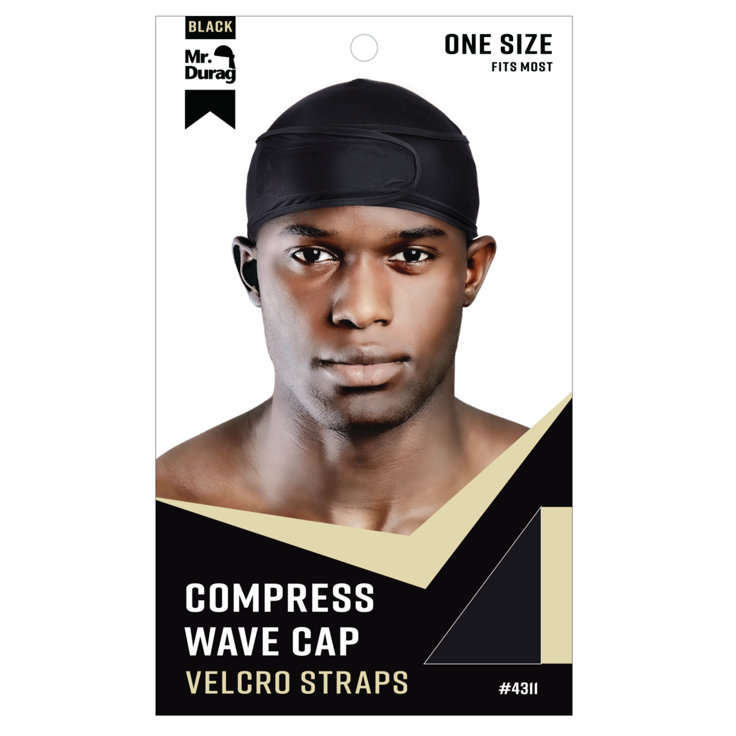 Mr. Durag Spandex Velcro Compress Wave Cap Black shown on model with adjustable Velcro straps for comfortable fit.